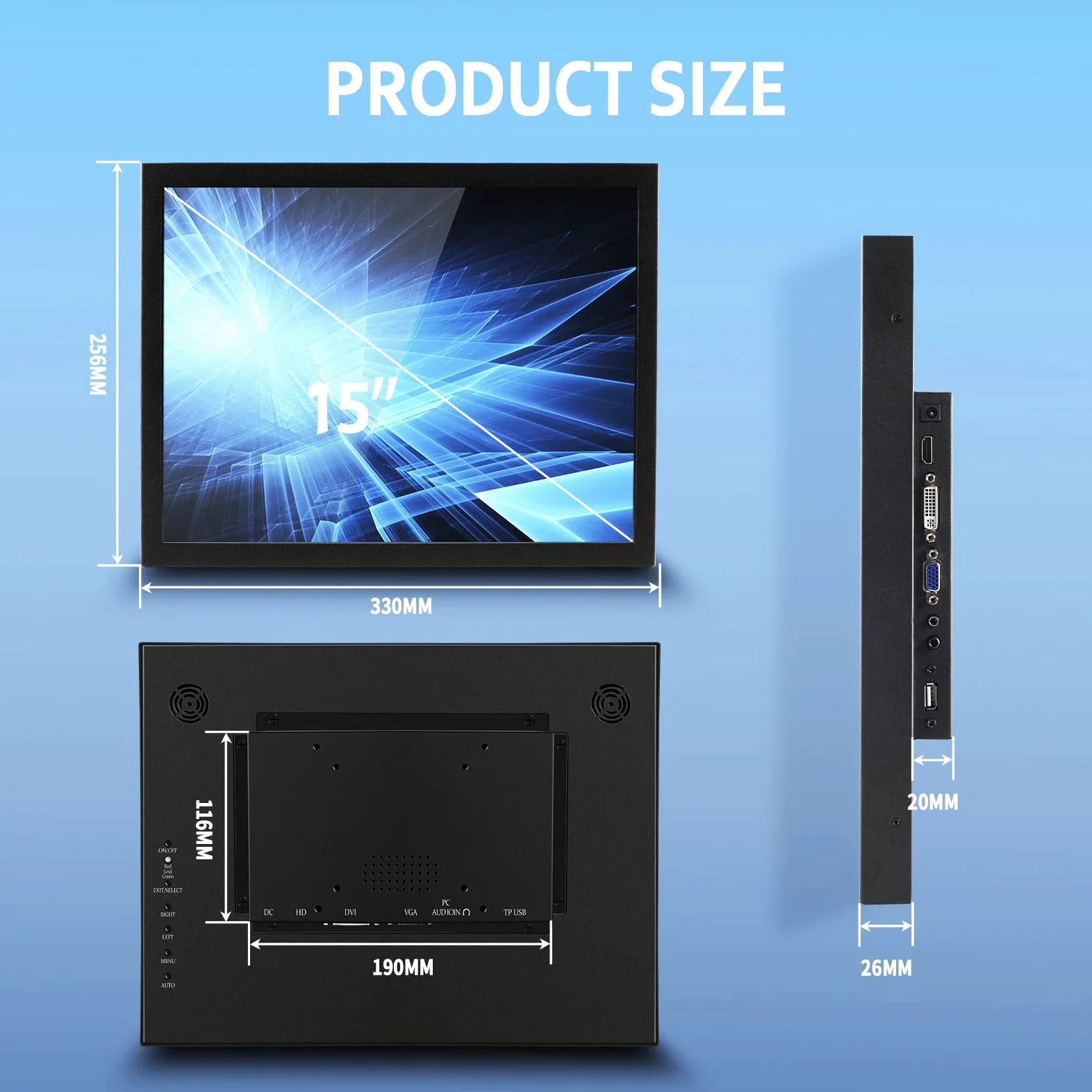 VSDISPLAY Monitor Touch Industriale,schermo LCD 15" 1024x768 400nit IPS | resistivo con ingresso video VGA DVI H/D ,con doppi altoparlanti