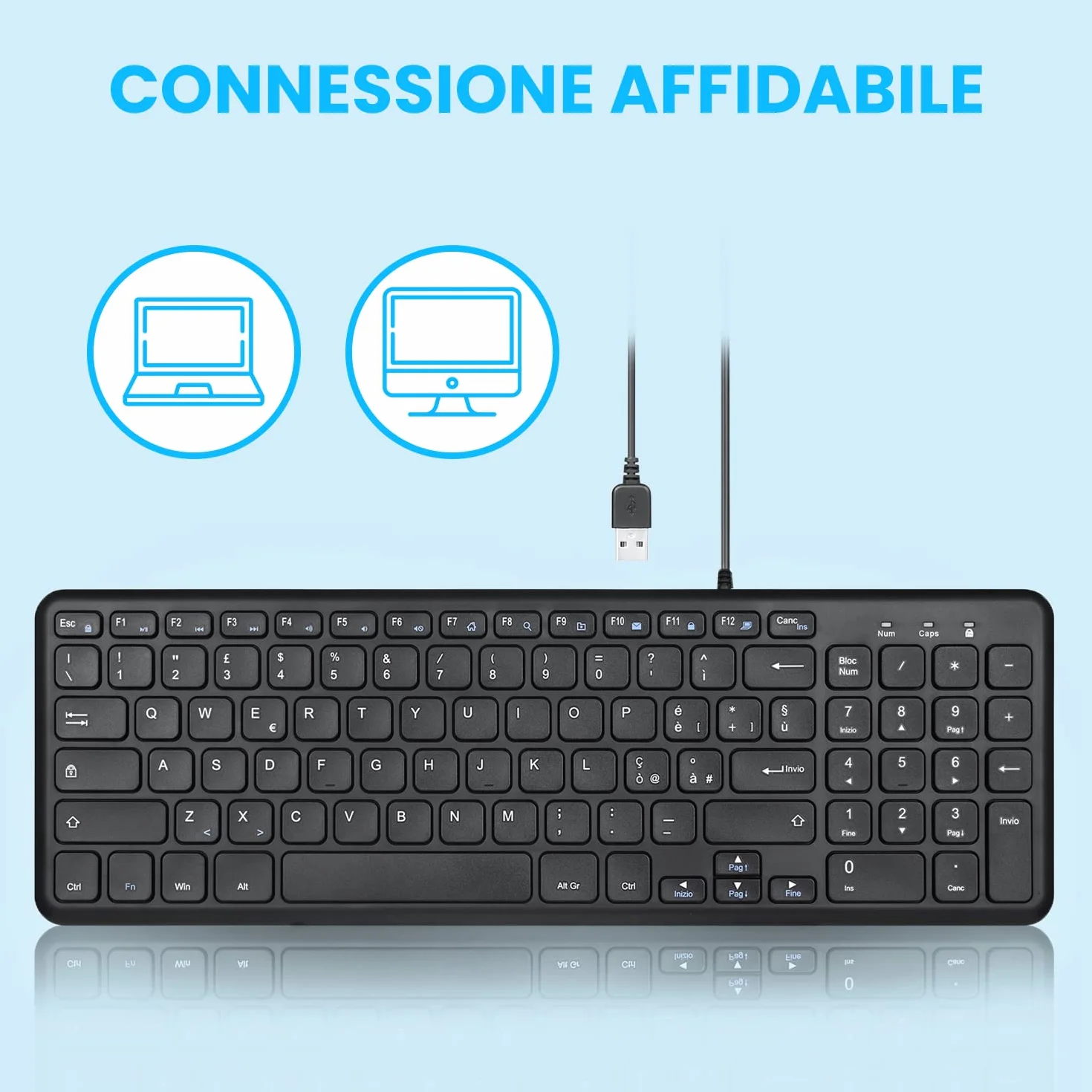 Perixx PERIBOARD-213B - Tastiera USB compatta cablata con tastierino numerico - Tasti silenziosi a basso profilo - Interruttori a forbice - Tasti multimediali - Layout italiano - Nero