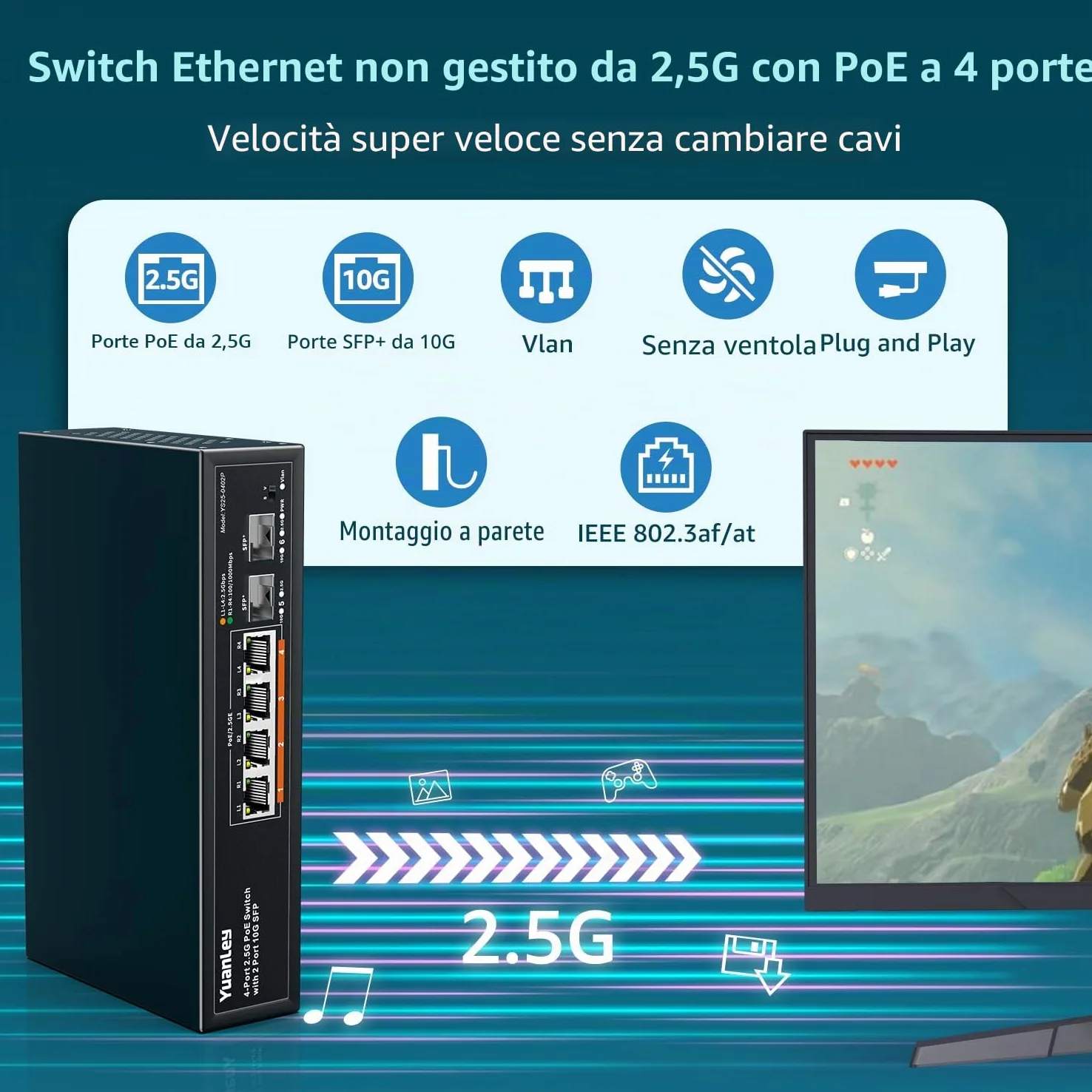 YuanLey 6 Port 2.5G PoE Switch Non Gestito, 4 Porte PoE 2.5G Base-T, 2 x 10G SFP, 802.3af/at, 78W, Compatibile con 100/1000/2500Mbps, Metallo Senza Ventola, Montaggio a Parete Switch di Rete 2.5Gbe