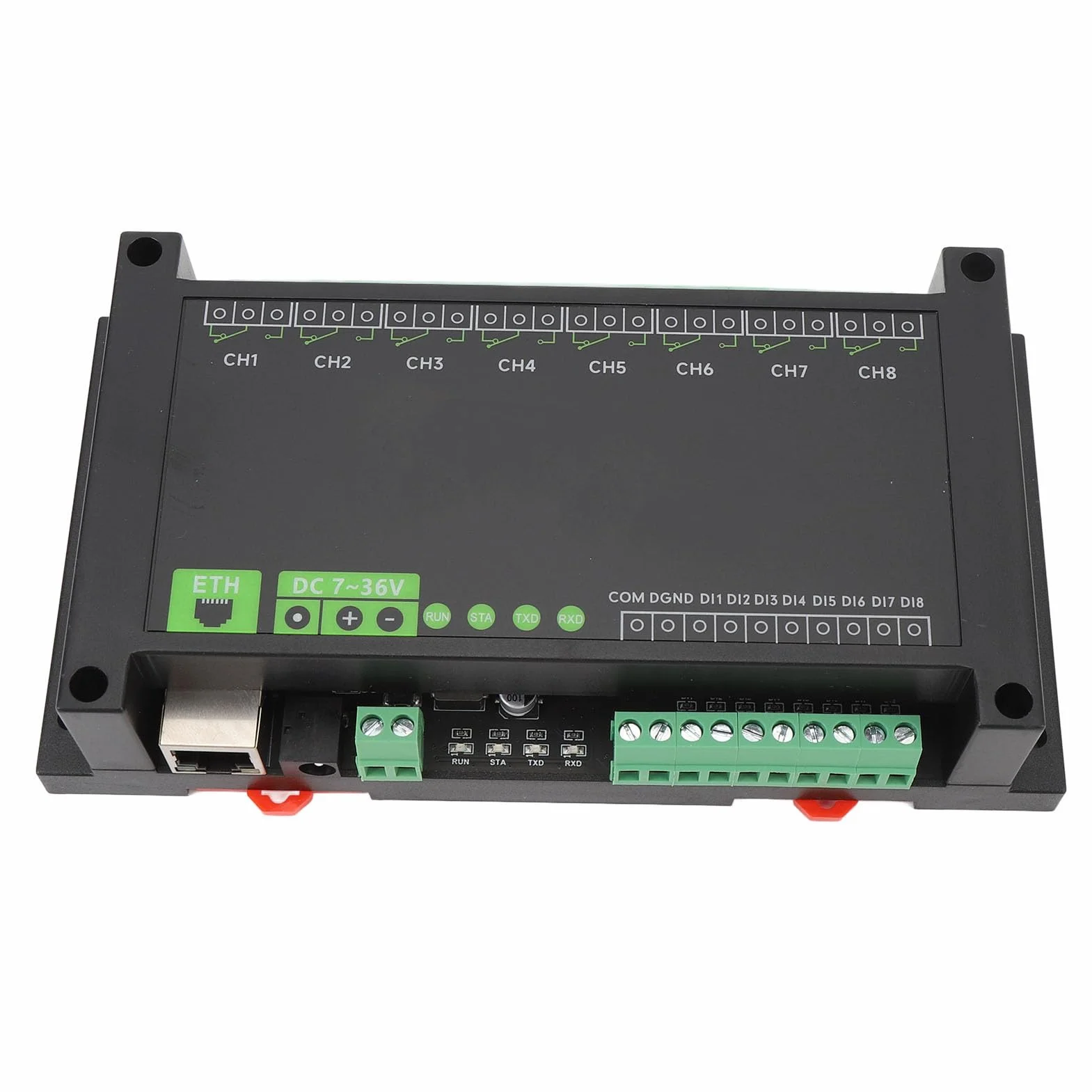 Modulo relè Ethernet 8CH per protocollo RTU, relè industriale alimentato PoE con isolamento tramite optoisolatore, custodia a montaggio su guida in ABS per sistemi di controllo del