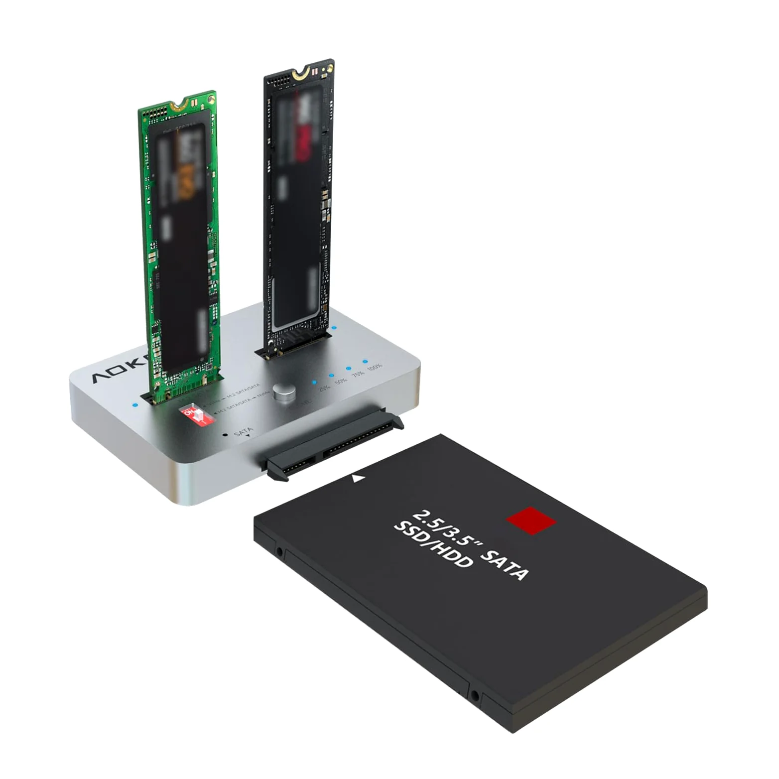 AOKO M.2 Duplicatore SATA a NVMe SSD Cloner, adattatore NVMe a SATA SSD e lettore di dischi rigidi, docking station per PCIe + M.2 NGFF e 2,5 "/3,5" SATA SSD/HDD e cloner bidirezionale offline hard