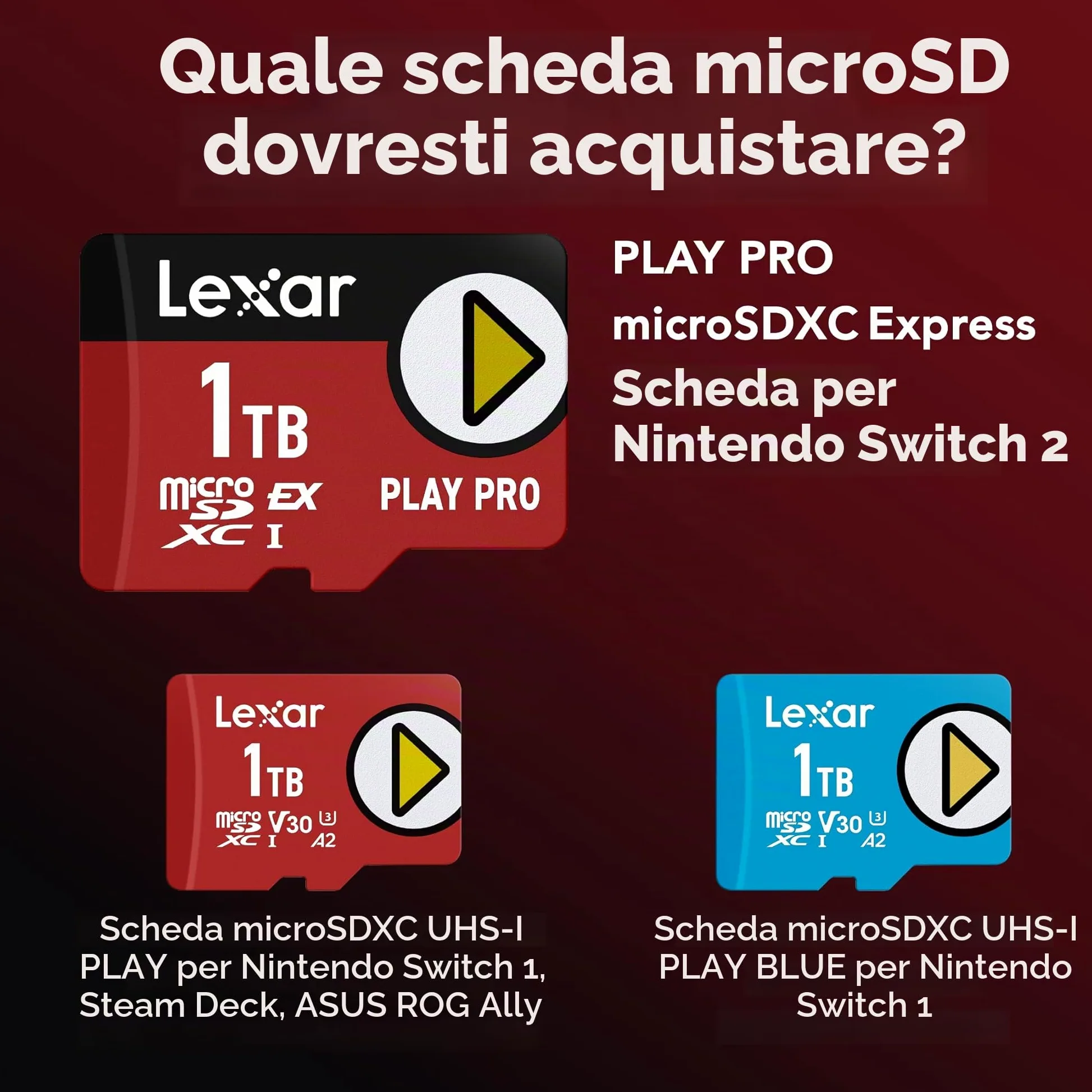Lexar Scheda microSD Express Play Pro, UHS-I, C10, U3, V30, Full HD, video 4K, fino a 900/600 MB/s, compatibile con Nintendo Switch 2, ASUS ROG Ally, Steam Deck, dispositivi di gioco