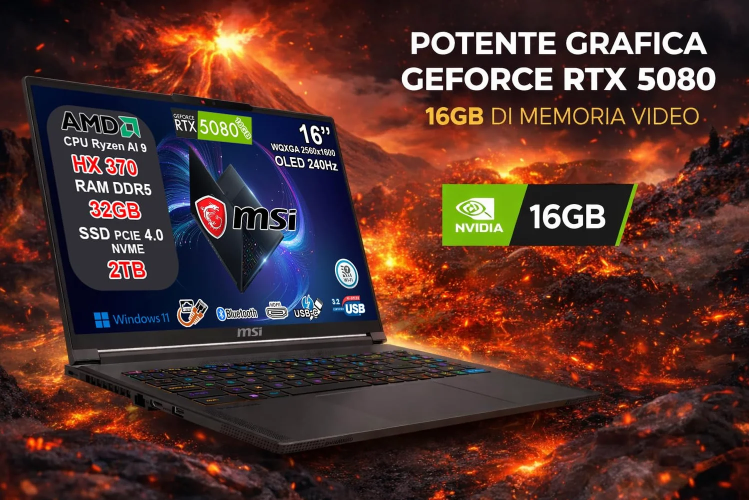 msi Stealth A16 AI+ Notebook Gaming Ryzen AI 9 HX 370, RTX 5080 16GB GDDR7, 32GB RAM, 2TB SSD, 16" QHD+ OLED HDR 240Hz 100% DCI-P3, Thunderbolt 4, Wi-Fi 7, Tastiera RGB, Fingerprint, Windows 11