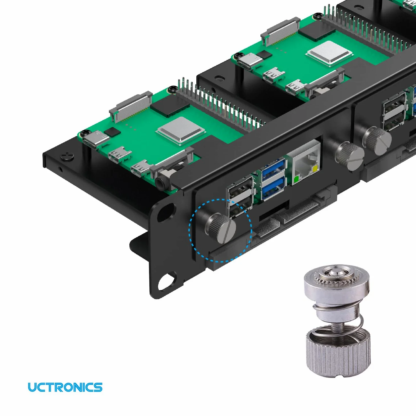 UCTRONICS U6264 19" 1U Raspberry Pi Rackmount, staffa SSD per qualsiasi SSD da 2,5", può contenere fino a 5 schede Raspberry Pi 4B, frontale rimovibile con viti prigioniere