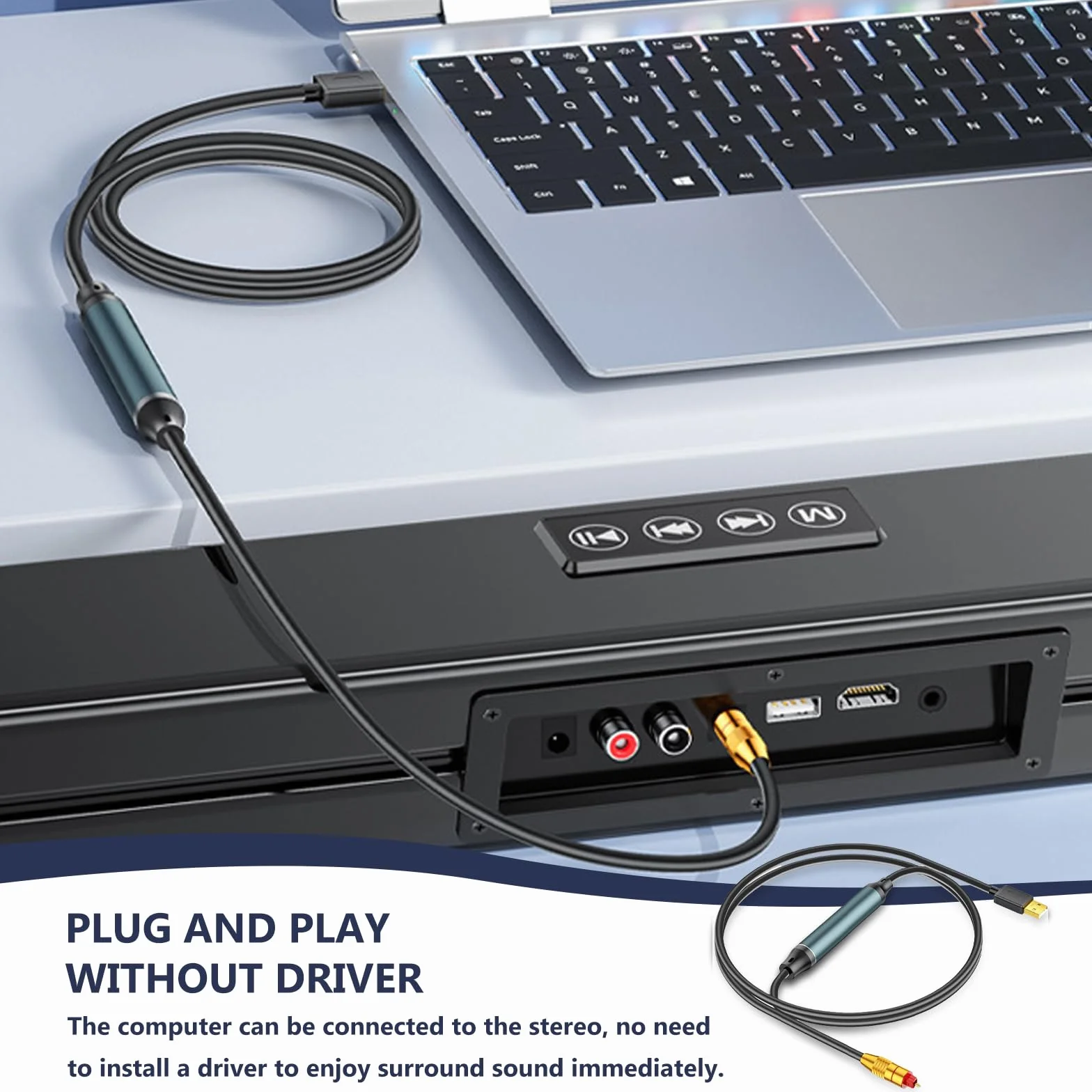 GOMETY Adattatore USB a audio ottico da USB-A a Fiber Optic SPDIF, adattatore Toslink 3M, nero - Scheda audio ottica Plug & Play