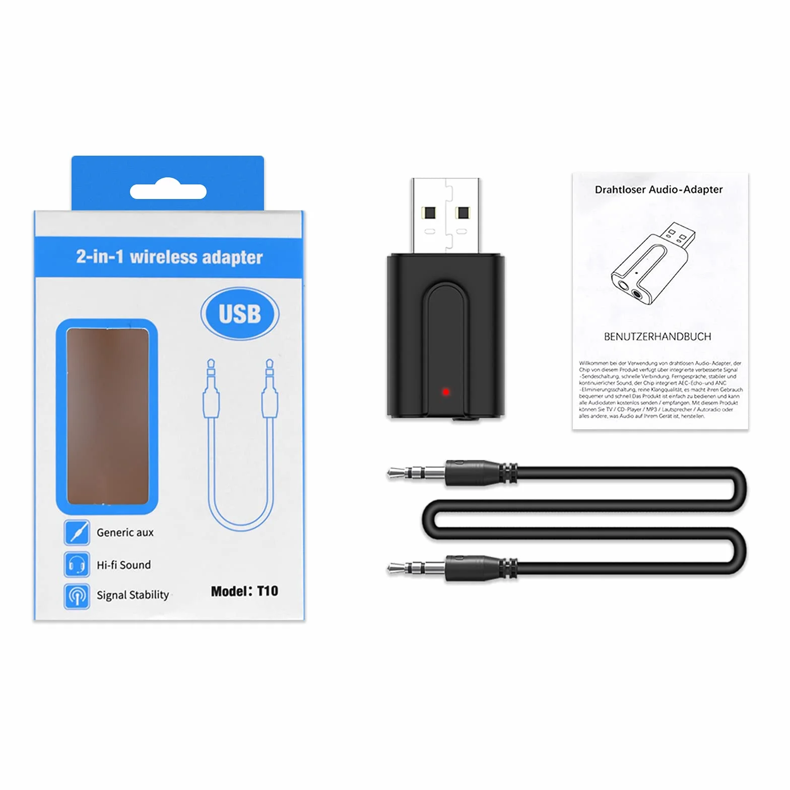 Ricevitore Bluetooth USB, 2 in 1, adattatore audio Bluetooth 5.0, con cavo jack Aux da 3,5 mm, ricevitore BT per TV, PC, auto, cuffie, stereo domestico, cuffie