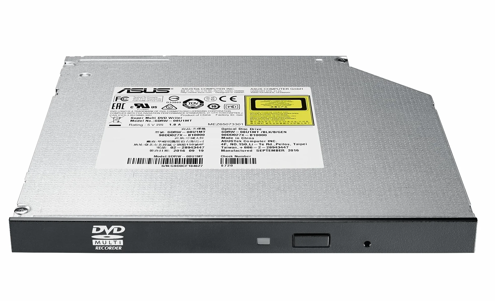 Asus SDRW-08U1MT Masterizzatore Interno Ultra-Slim, Spessore da 9.5 mm, velocità di scrittura DVD 8X, Supporto M-Disc