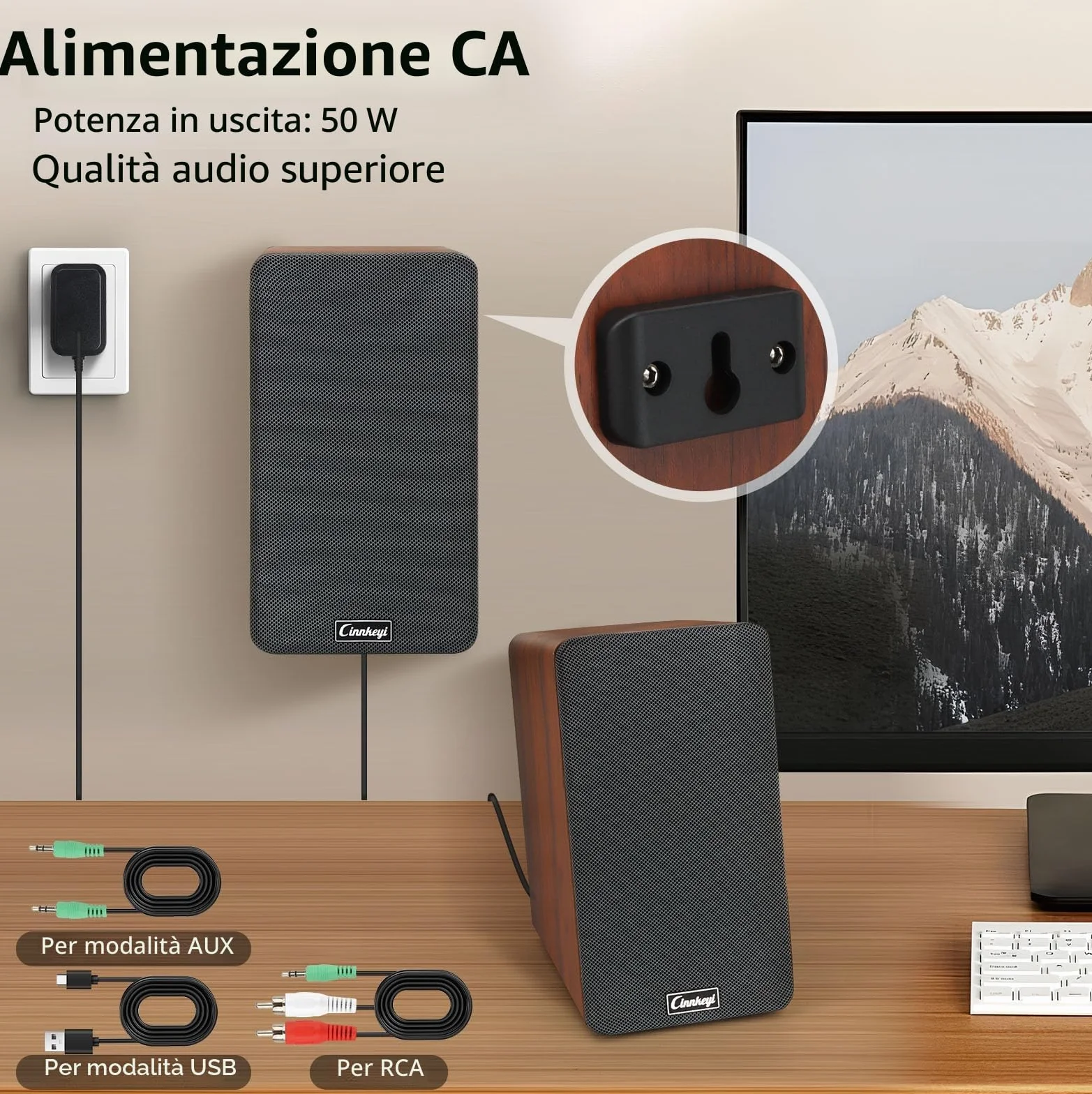 Diffusori da scaffale in legno da 50W, diffusori attivi 2.0 per computer | Ingressi: Bluetooth, RCA, AUX (3,5 mm), USB | Bassi potenti, diffusori per PC, TV, laptop, giradischi