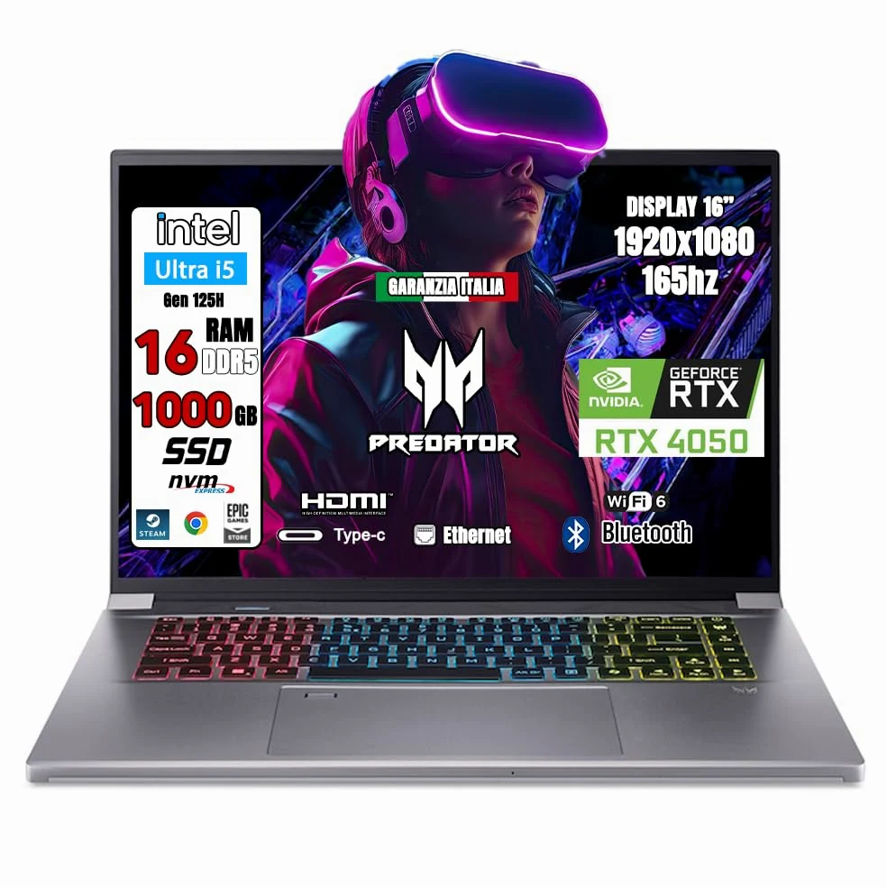 acer Notebook Gaming Predator Triton Neo • Portatile Gaming Processore Intel Ultra 5 125H • RAM 16 GB DDR5 • SSD 1 Tb • Display 16.0" FULL HD IPS 165 Hz • NVIDIA GeForce RTX 4050 6 GB GDDR6