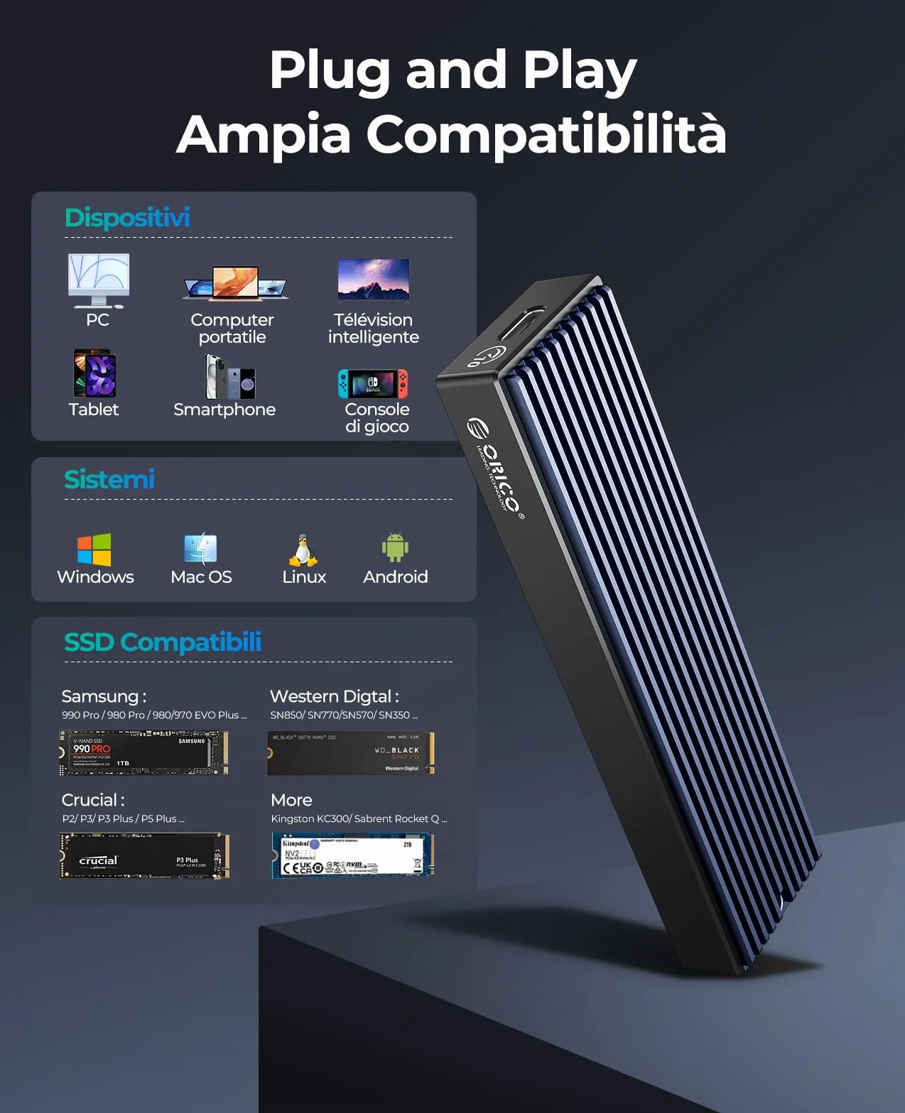 ORICO Case SSD M.2 NVMe Adattatore USB C USB 3.1 Gen2 10Gbps SSD Esterno per Custodia Disco Rigido a PCIe M-Key M2 per 2230/2242/2260/2280 NVMe SSD con UASP, SMART- M2PV2