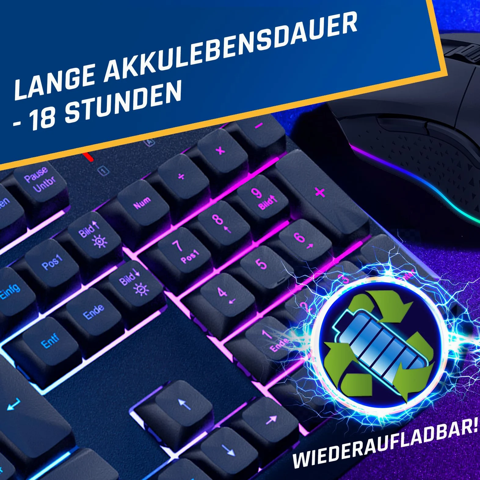 KLIM Blaze & Chroma - Set tastiera senza fili QWERTZ piatto, ergonomico, tastiera per mouse per PC, batteria integrata e durevole