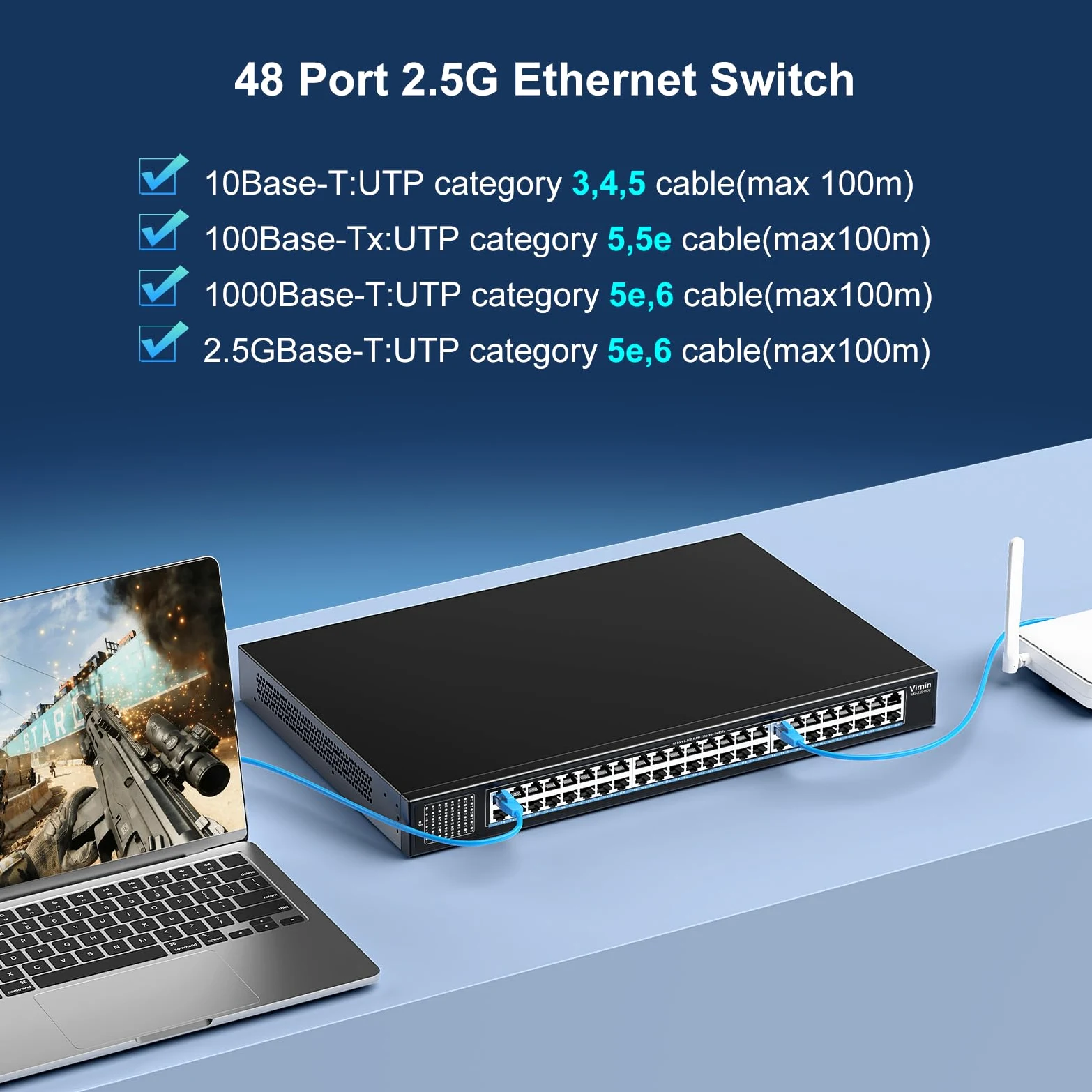 VIMIN Switch Non Gestito a 48 Porte 2,5G, Switch Ethernet Base-T a 48 Porte 2,5GB, 2,5Gb Switch di Rete Plug & Play, Compatibile con 10M/100M/1000M/2,5G, capacità 240Gbps, per Nas, AP Wireless e PC