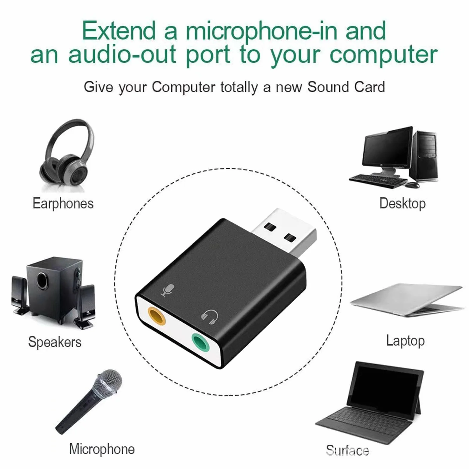 Scheda audio USB – Adattatore audio da 3,5 mm | Convertitore stereo esterno Plug Play, interfaccia in lega di alluminio, jack per microfono per cuffie, compatibile con computer portatile desktop