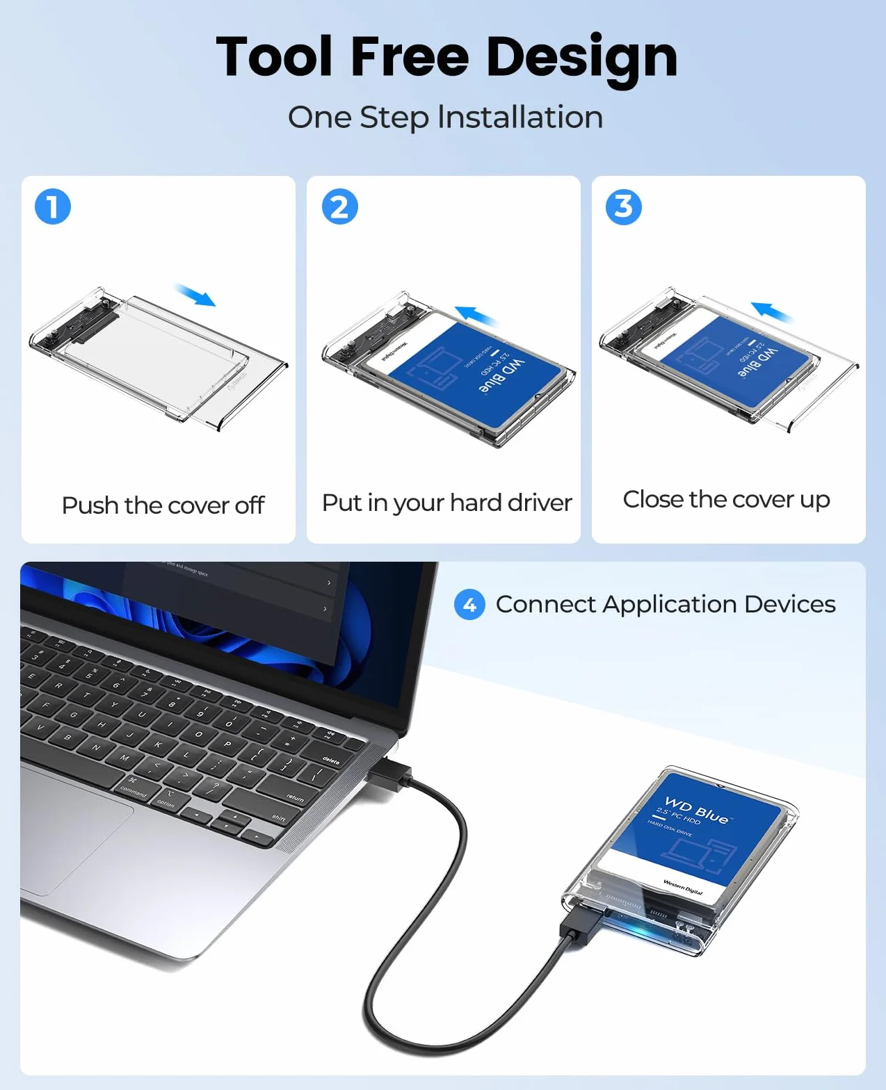 ORICO Case Esterna per HDD/SSD 2,5 pollici SATA III, USB 3.0 con velocità 6Gb/s, Supporta UASP, Installazione Senza Attrezzi, Compatibile con Unità da 7mm/9,5mm – Trasparente 2139U3