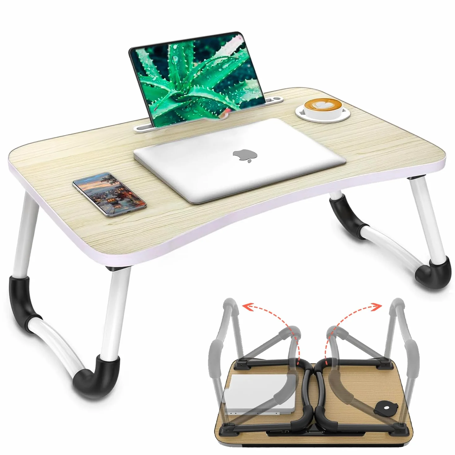Avilia Tavolino da Letto Pieghevole 60×40 cm – Vassoio da Letto con Leggio Tablet e Porta Bicchiere, Scrivania Portatile Laptop per Smart Working, Colazione a Letto e Divano, Salvaspazio