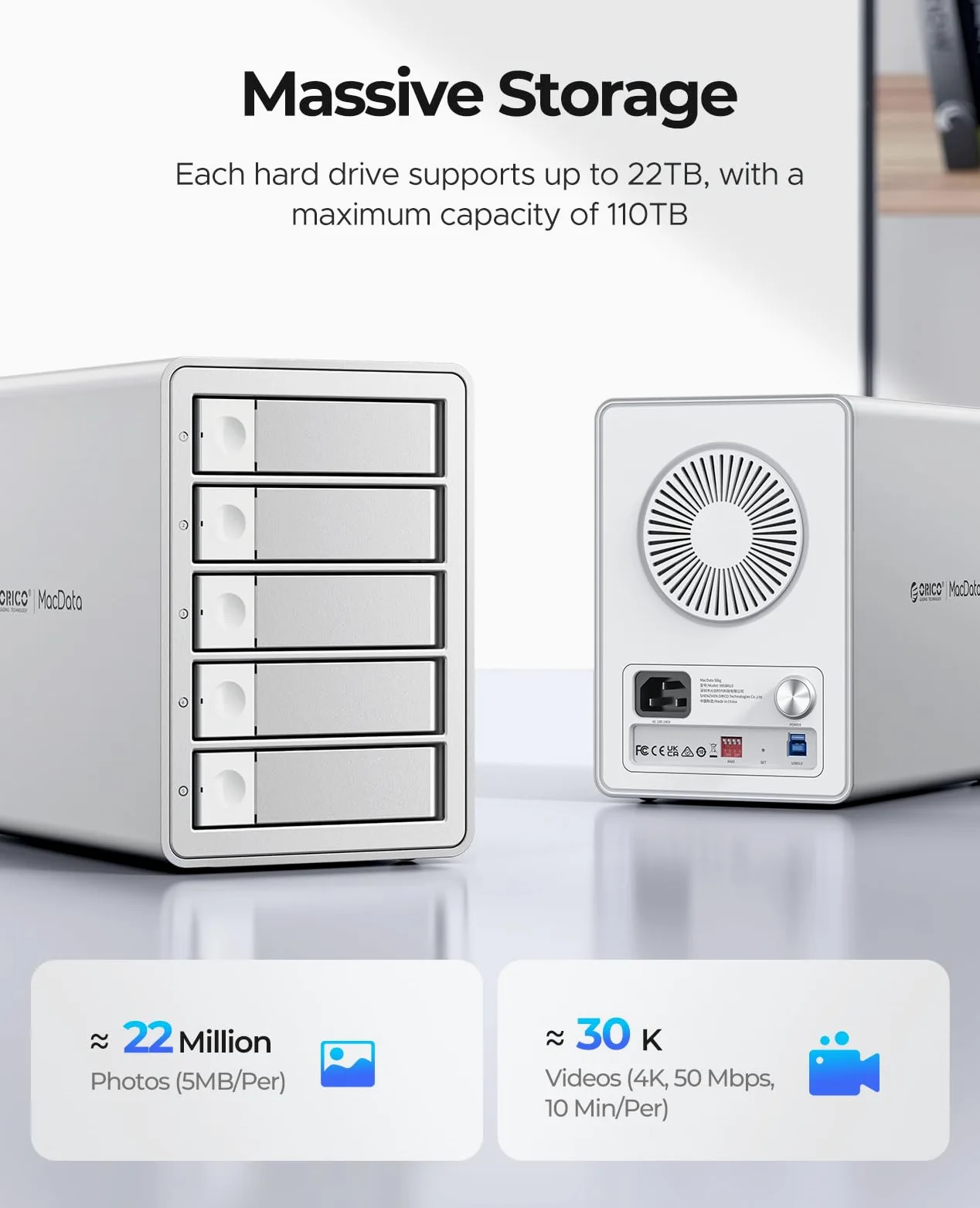 ORICO 5BIG RAID Enclosure per disco rigido SATA HDD/SSD da 2,5/3,5 Pollici fino a 5 x 22TB, Alluminio USB 3.0 Docking Station per Hard Disk, Supporta RAID 0/1/5/10/PM (9958RU3)
