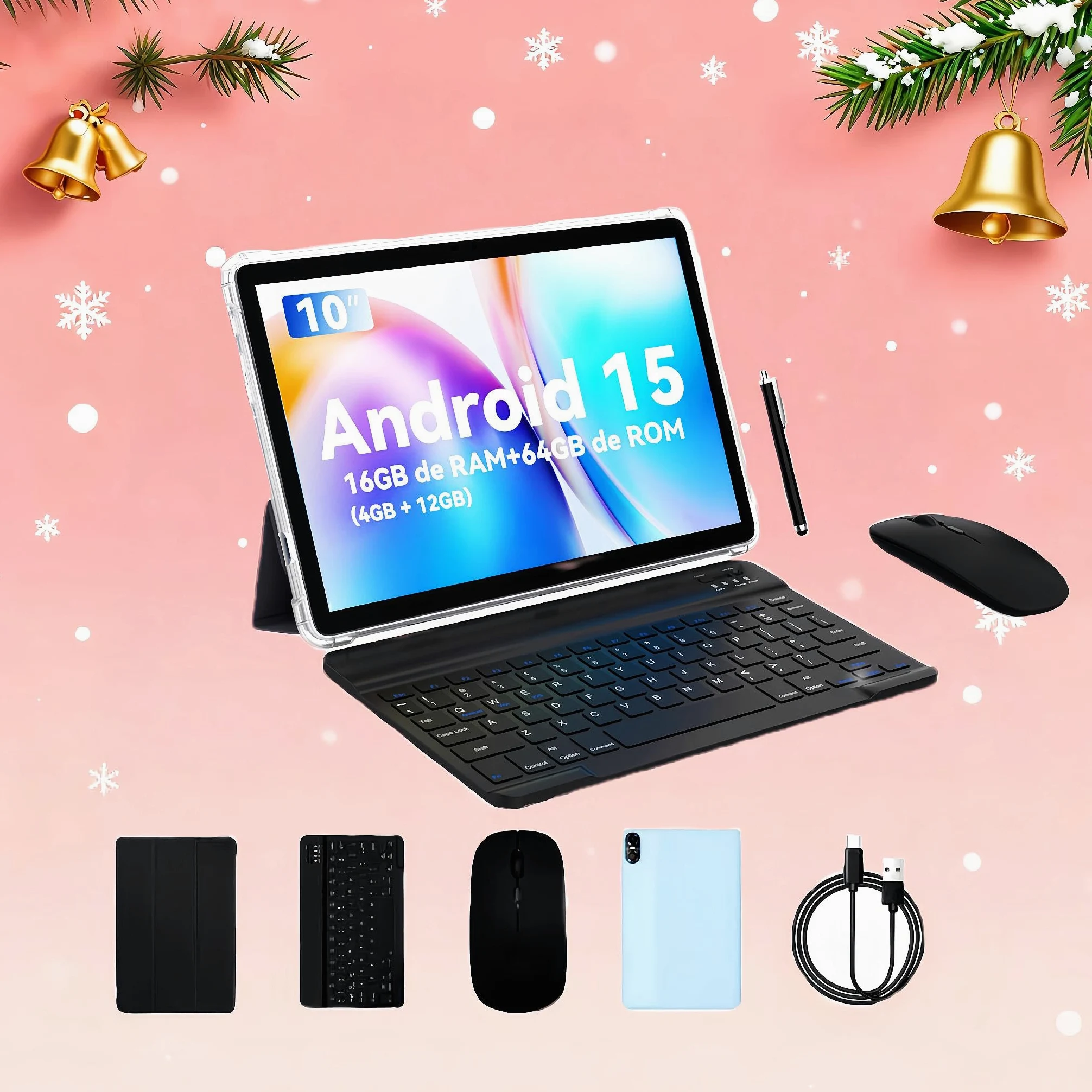 PRITOM Tablet da 10 Pollici, Tablet 6-in-1, 16 GB, 64 GB ROM, Android 15, Espandibile fino a 1024 GB, Quad Core, WiFi 6, 6000 mAh, Tablet PC con Tastiera, Mouse, Custodia, Grigio