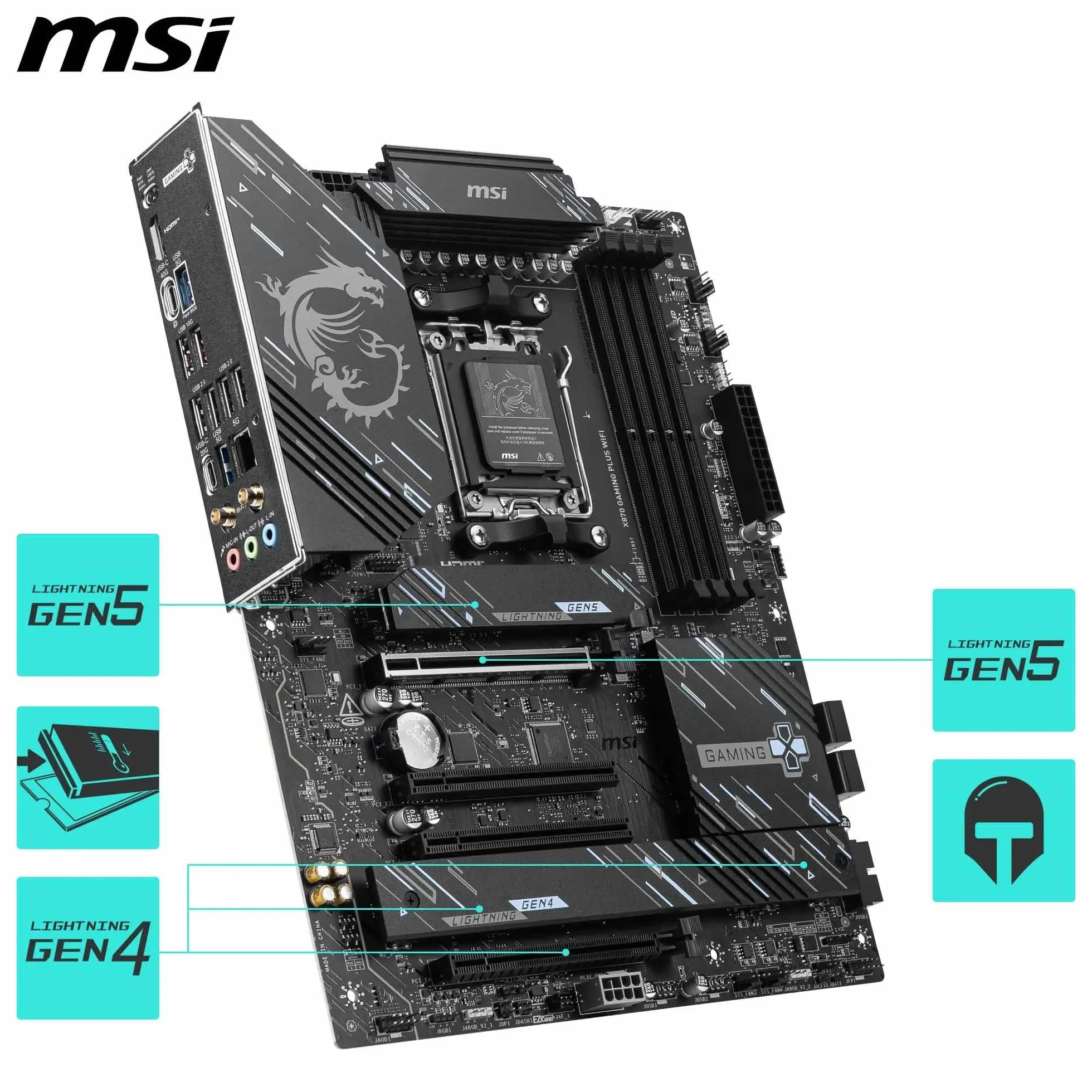 MSI X870 Gaming Plus - Scheda madre da gioco WiFi (supporta processori AMD Ryzen serie 9000/8000/7000, AM5, DDR5, PCIe 5.0, M.2, SATA, 5Gbps LAN, USB-C, Wi-Fi 7, Bluetooth 5.4, Thunderbolt 4, ATX)