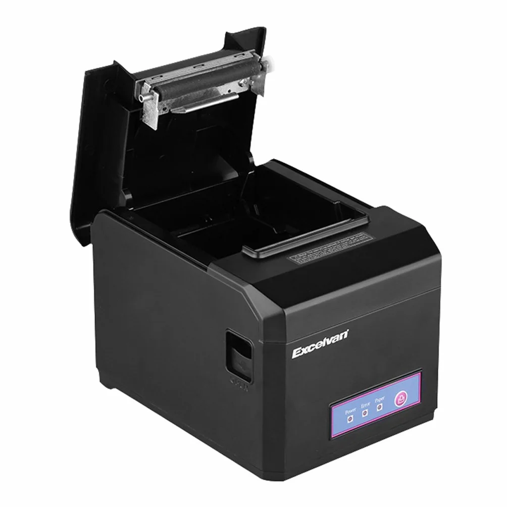 EXCELVAN - Stampante termica per ricevute 300 mm/s 80 mm, taglio automatico USB COM, Internet (100M), Ethernet, porta seriale Android e iOS, Windows e Linux, supporto nero