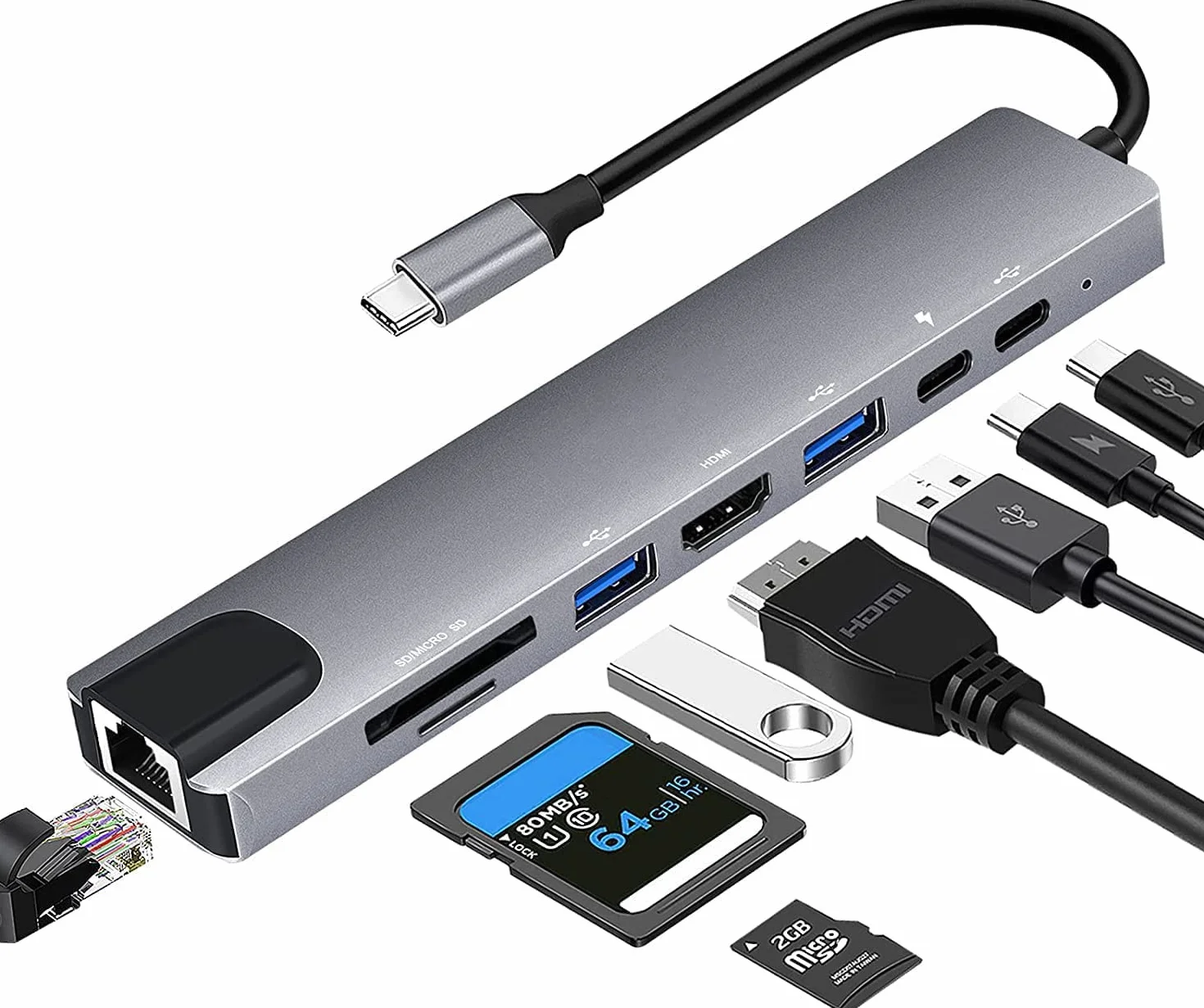 Adattatore USB C Hub Ethernet, 8 in 1, adattatore USB-C con HDMI 4K 30Hz, LAN RJ45, 100 W PD, SD/Micro SD, USB 3.0/2.0, per MacBook Pro/Air M1, iPad Pro/Air, Surface Pro 8 Docking Station