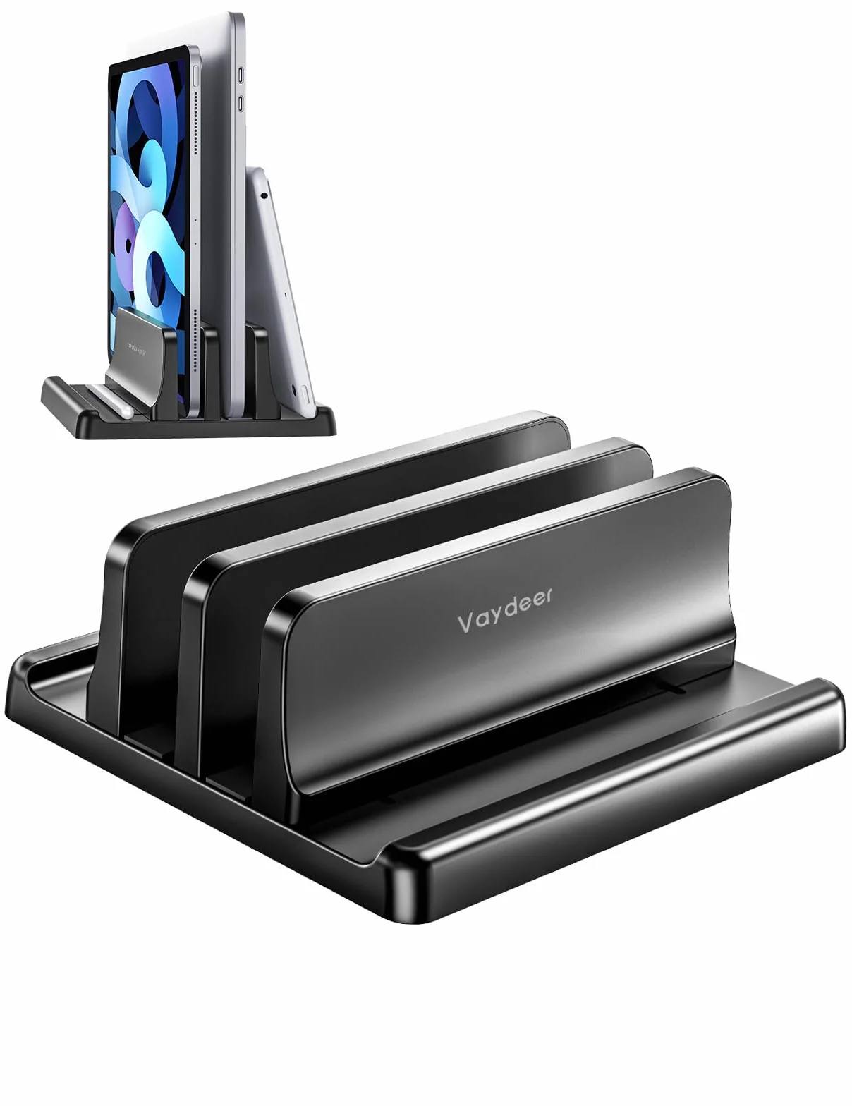 VAYDEER Supporto verticale per computer portatile 4 in 1 con 2 slot per computer portatile, portatile, portatile, iPad, laptop fino a 17,3 pollici, colore: nero