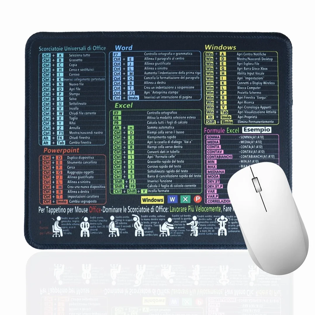 Tappetino per Mouse Nero con Scorciatoie Excel, Antiscivolo Bordi Cuciti 21x26x0,2 cm
