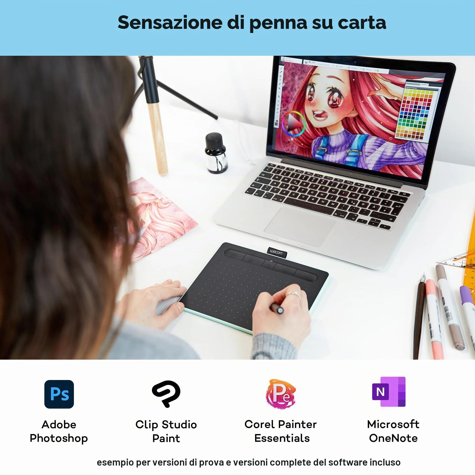 Wacom Ctl-4100Wle-S Intuos Bluetooth, Tavoletta Grafica Con Penna, Software Creativo e Bluetooth Inclusi, Verde Pistacchio, S