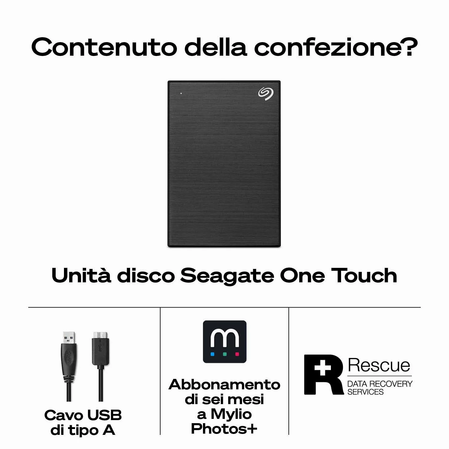 Seagate One Touch 2TB, Hard disk esterno portatile, USB 3.0, 6 Mesi e Mylio Photos & Dropbox, Data Rescue Service (STKY2000404)