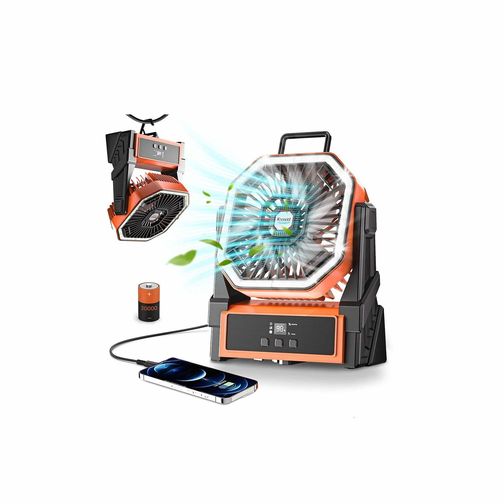 Kssvzz 30000mAH Ventilatore da Campeggio, 4 Velocità Ventilatore Portatile Ricaricabile con Luce LED, 270° Rotazione Ventilatore da Tavolo da Batteria per Viaggi, Picnic, Escursioni