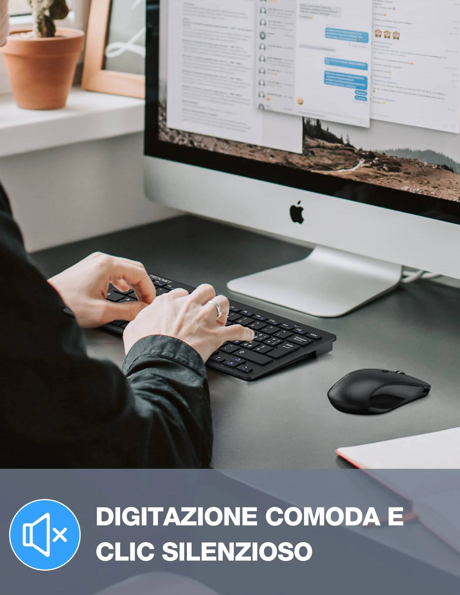 TECKNET Set Tastiera e Mouse Wireless, 2.4G Silenzioso con Ricevitore Nano USB, 12 Scorciatoie Multimediali per Computer, PC, Laptop, Desktop, Smart TV Android