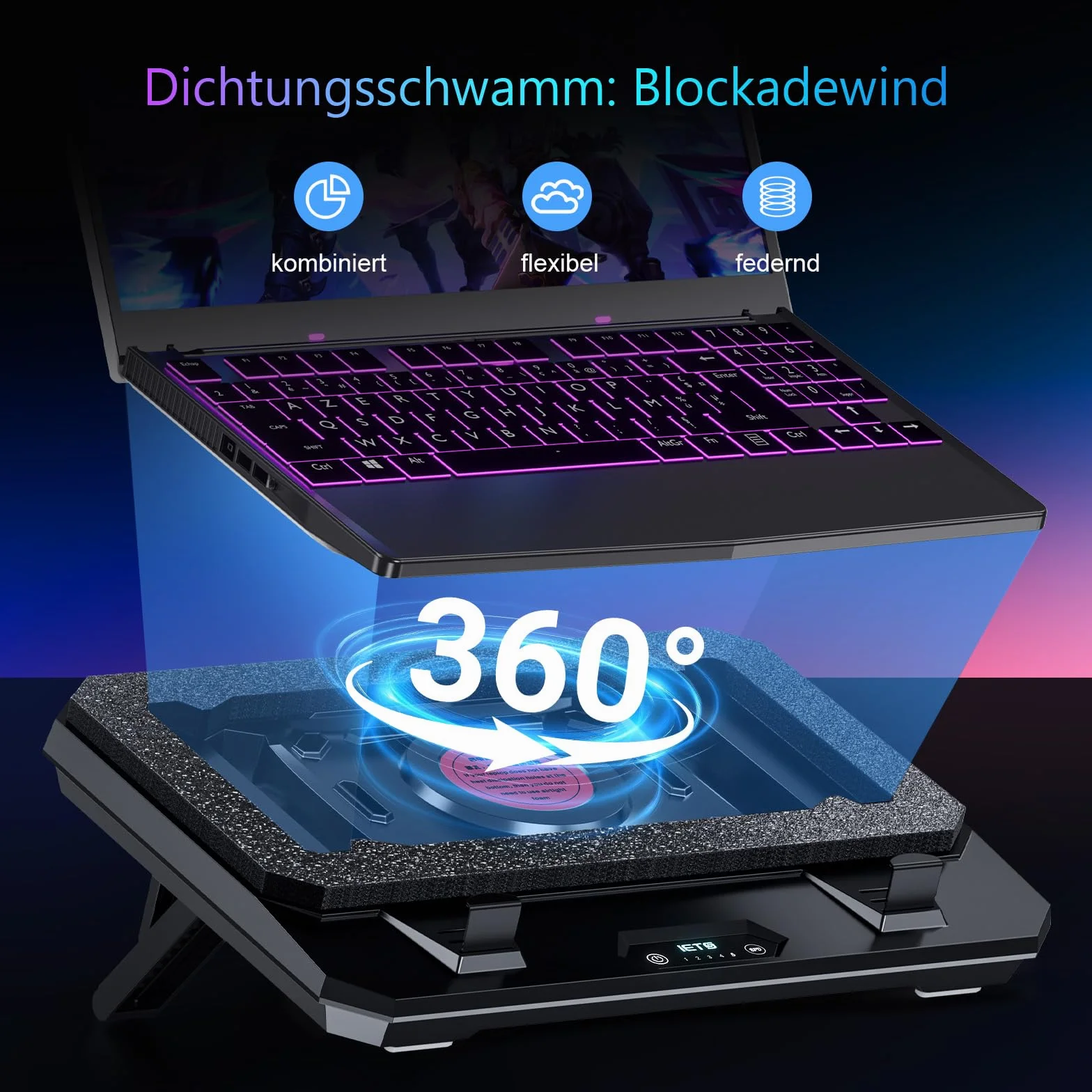 IETS GT300 - Supporto di raffreddamento per laptop migliorato con supporto regolabile, ventola Turbo per raffreddamento rapido, per laptop da gioco da 10-17 pollici, guarnizione flessibile, con
