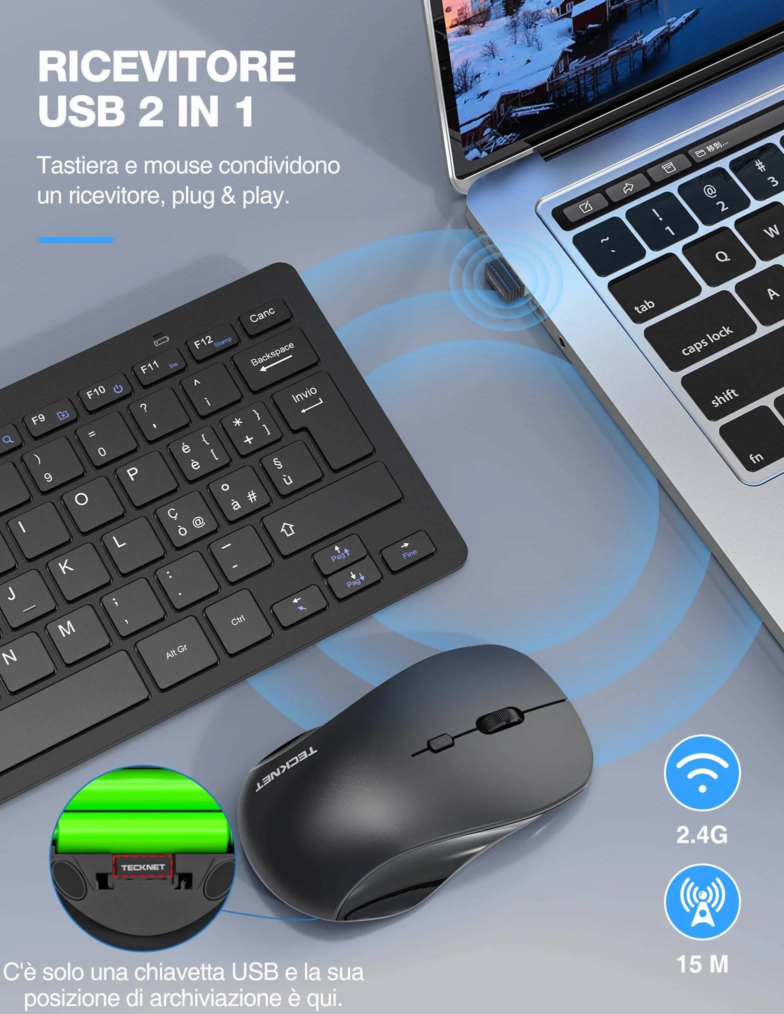 TECKNET Set Tastiera e Mouse Wireless, 2.4G Silenzioso con Ricevitore Nano USB, 12 Scorciatoie Multimediali per Computer, PC, Laptop, Desktop, Smart TV Android