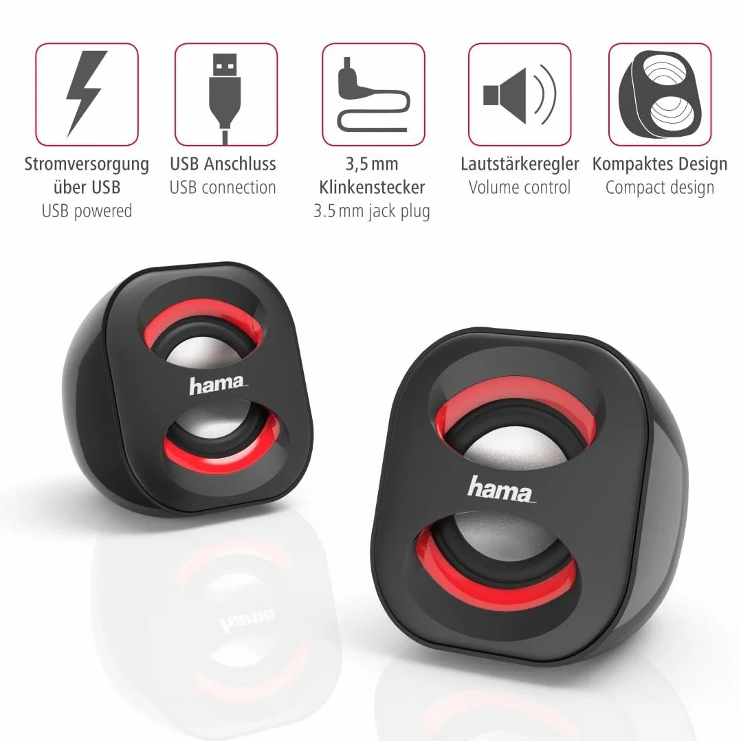 Hama Casse Sonic Mobil 183 per Notebook, RMS 2x1.6W, Connessione USB, Nero/Rosso