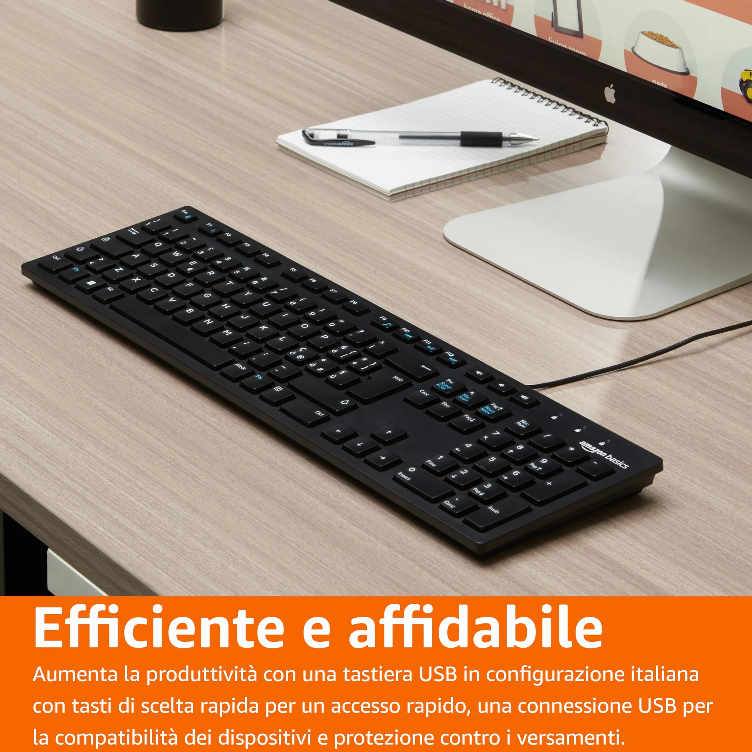 Amazon Basics Tastiera USB a basso profilo con layout IT, nero opaco