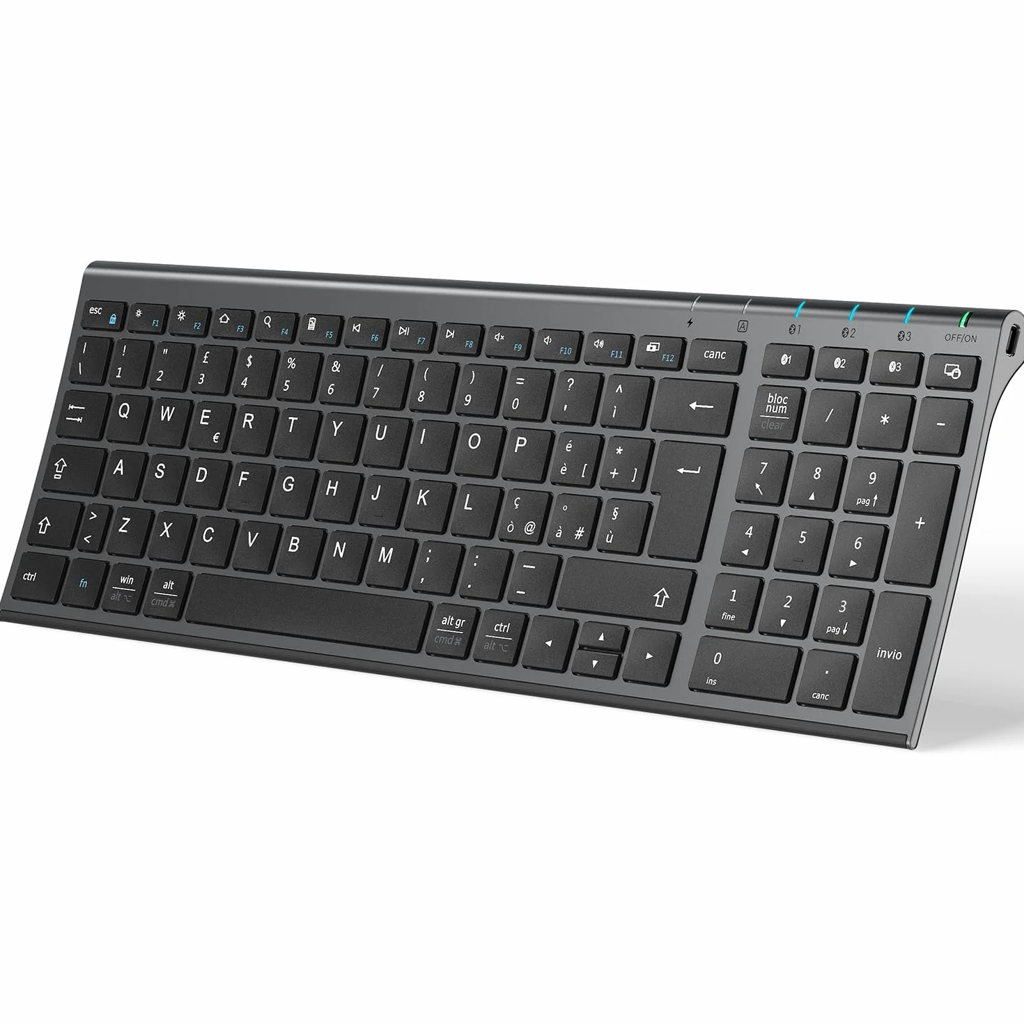 iClever Tastiera Bluetooth 5.1 Multi-Dispositivo Ricaricabile con Tastierino Numerico e Design Ergonomico per Mac OS, Android, Windows