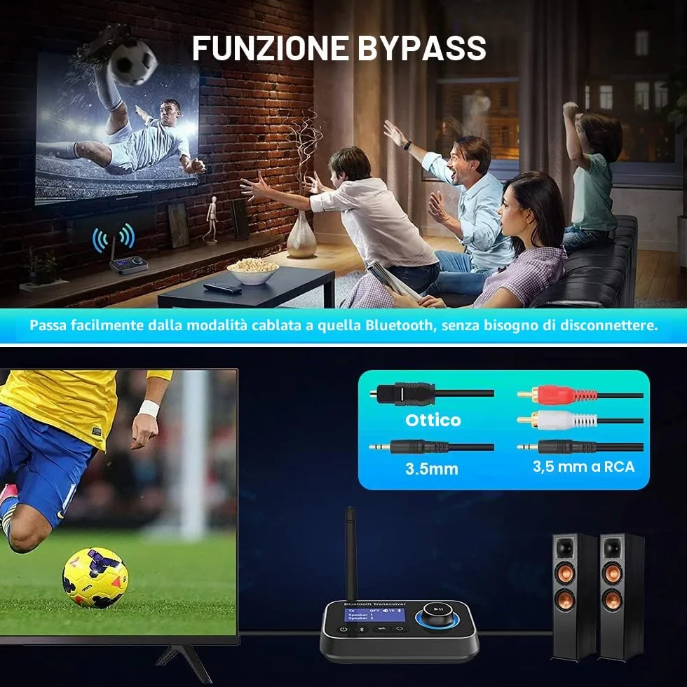 Trasmettitore Ricevitore Bluetooth 3-in-1 Adattatore Audio Bluetooth 5.3 per 2 Cuffie con Cavi Bypass Aux/Ottico/RCA ON/off Automatico LCD Display Controllo Volume per TV Stereo Casa PC