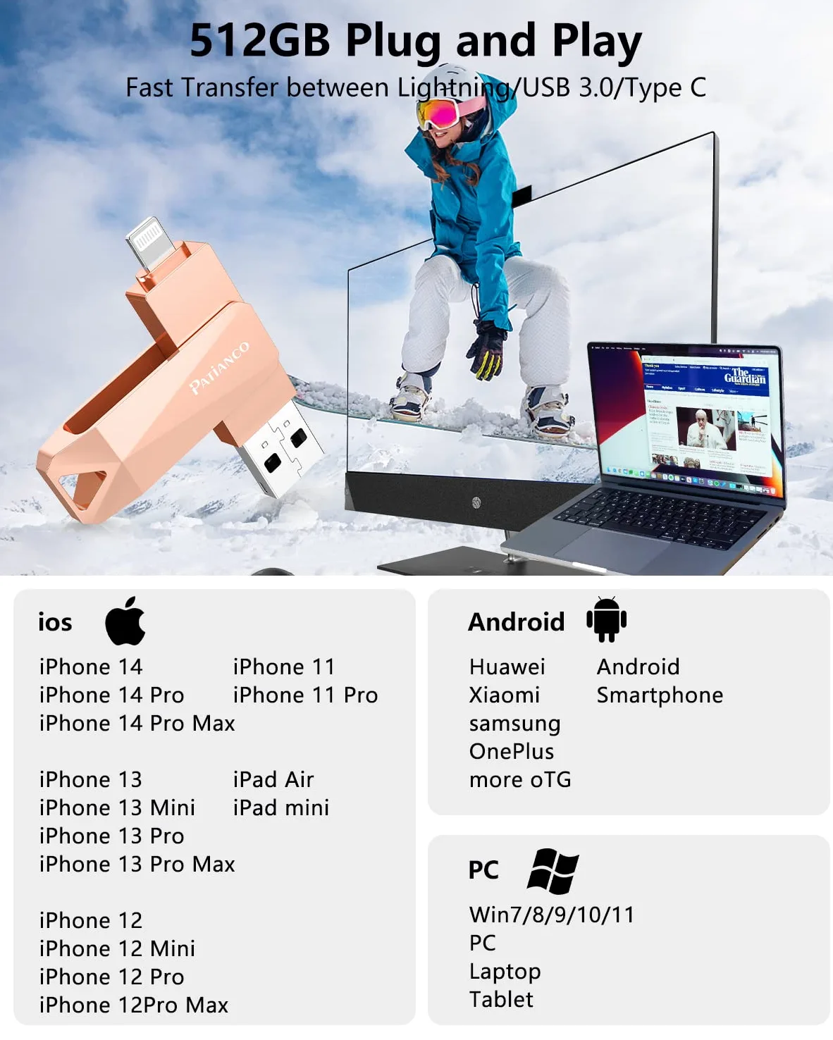 Chiavetta USB per iPhone 512GB [MFi Certified] Patianco USB 3.0 Pendrive per Lightning Chiave USB C Photostick 3 in 1 Pennetta Backup con un Solo Clic per iPhone/iPad/Android/Mac/PC (512GB,Rosa)