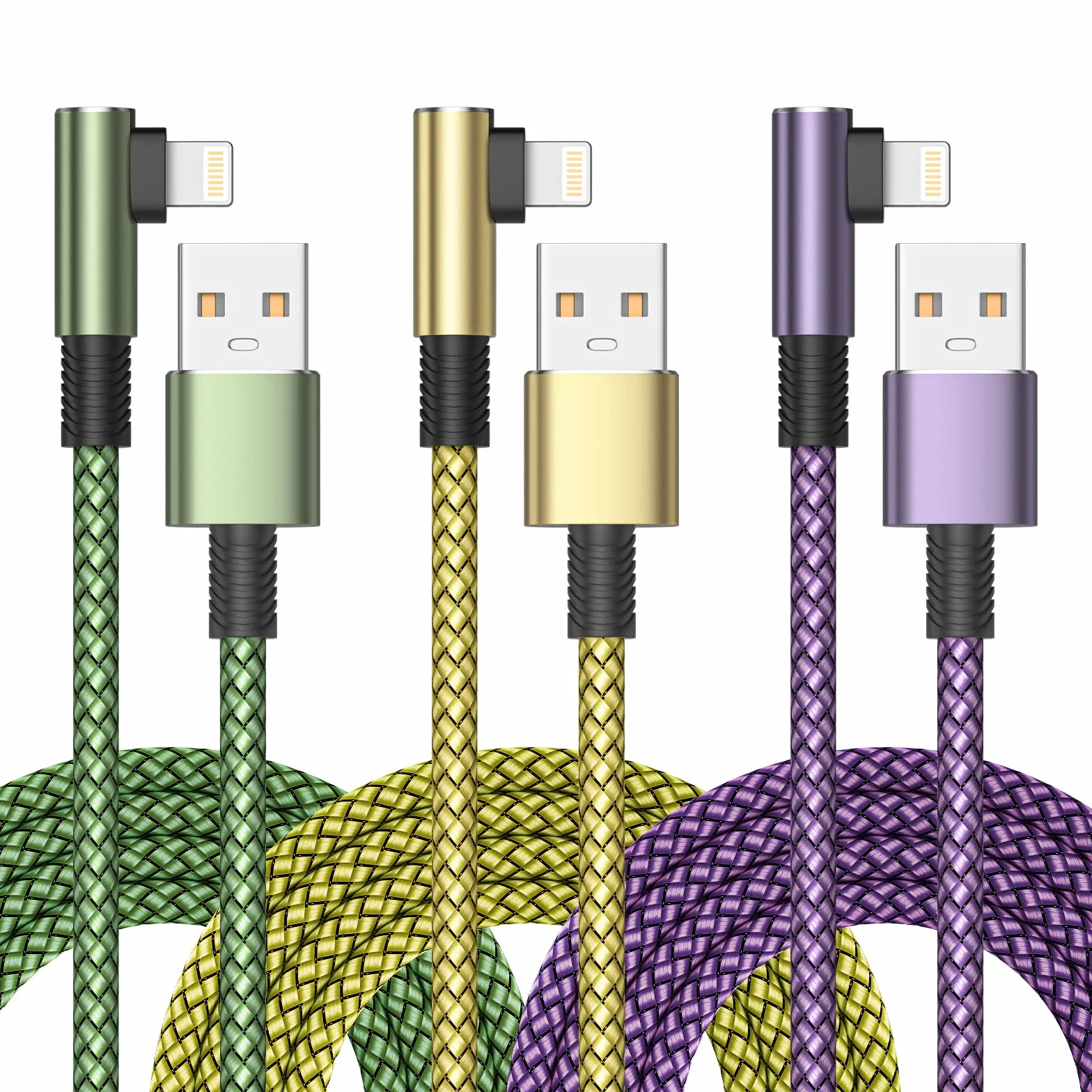 Cavo Lightning USB MFi Nylon 2 Metri 3 Pezzi Carica Rapida Angolo Retto per iPhone 14 13 12 11 Pro Max XS XR X 8 7 6 iPad