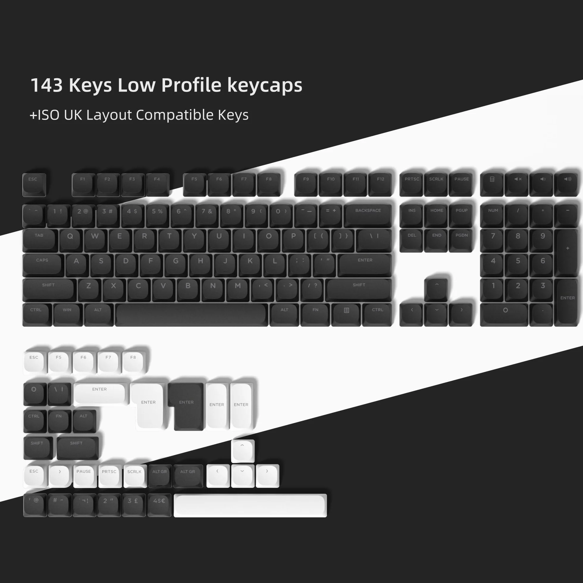143 Tasti a Basso Profilo, Tastiera personalizzata in PBT, Tasti trasparenti ANSI US/ISO UK per 60% 65% 75% 80% 100% Tastiera Meccanica, Nero (Solo tasti)