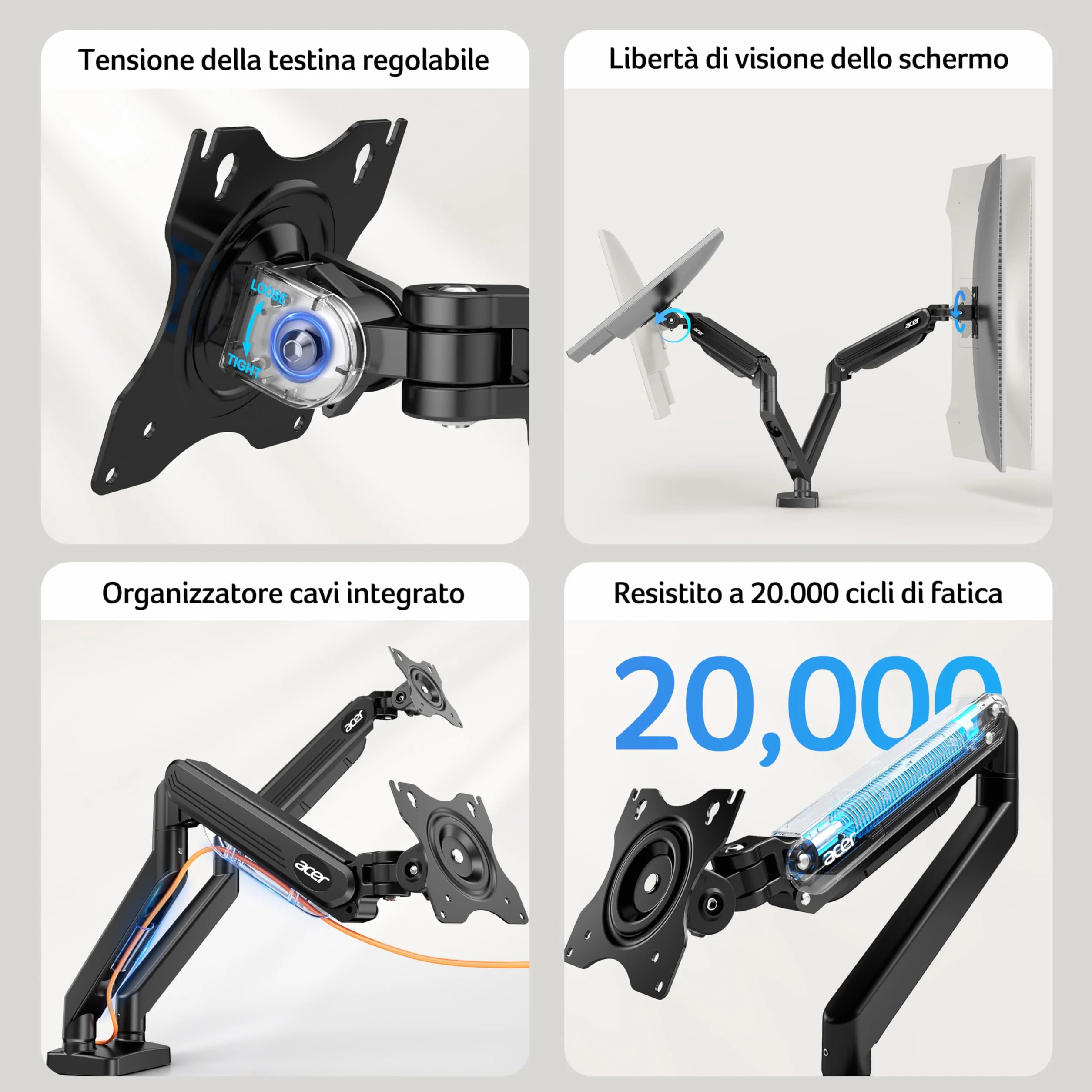acer Braccio Monitor Doppio Supporto Schermi 17-32 Pollici, Supporto Monitor Scrivania con Molla a Gas, Regolabile in Altezza, Capacità di Carico 2-9 kg, VESA 75x75/100x100