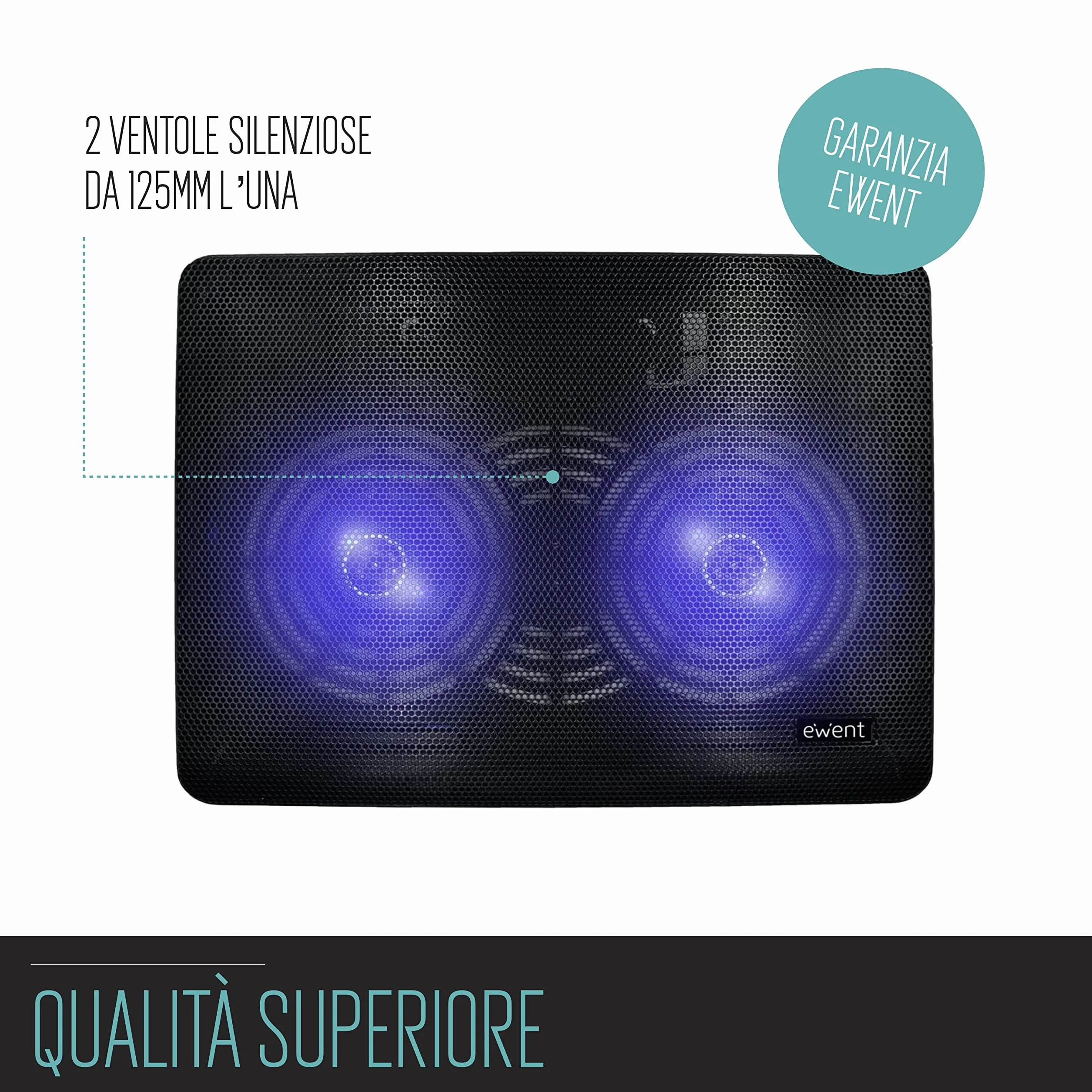 Ewent EW1256 Pad di raffreddamento a 2 ventole per Notebook fino a 17", Nero 34 x 25 x 2 cm