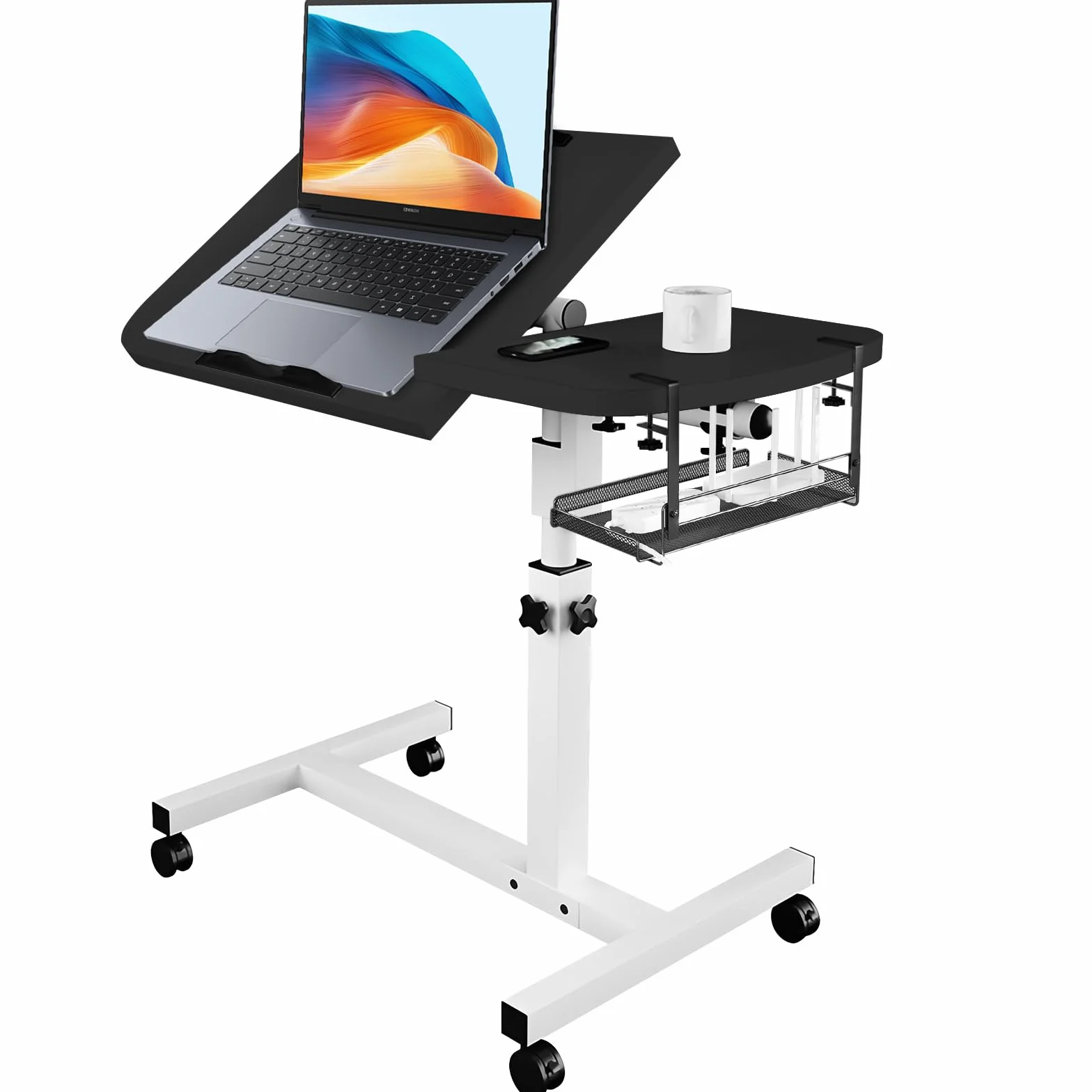Tavolino regolabile per laptop con scrivania inclinabile, ruote e cestino portaoggetti rimovibile, per casa, ufficio, studio, lettura e recupero, 65-95 cm, nero