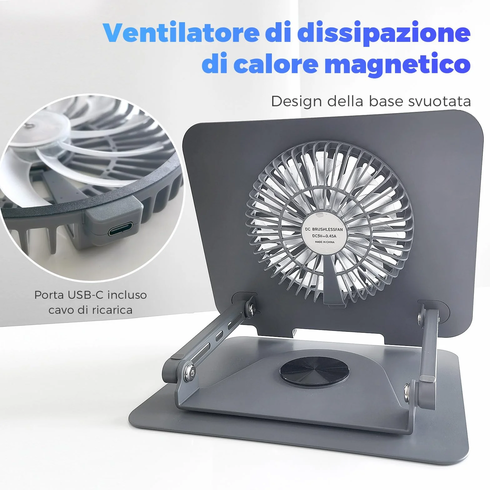 Supporto per laptop in alluminio, girevole a 360°, pieghevole, con ventola magnetica per raffreddamento, compatibile con MacBook e dispositivi da 10 a 17,3 pollici (grigio scuro)