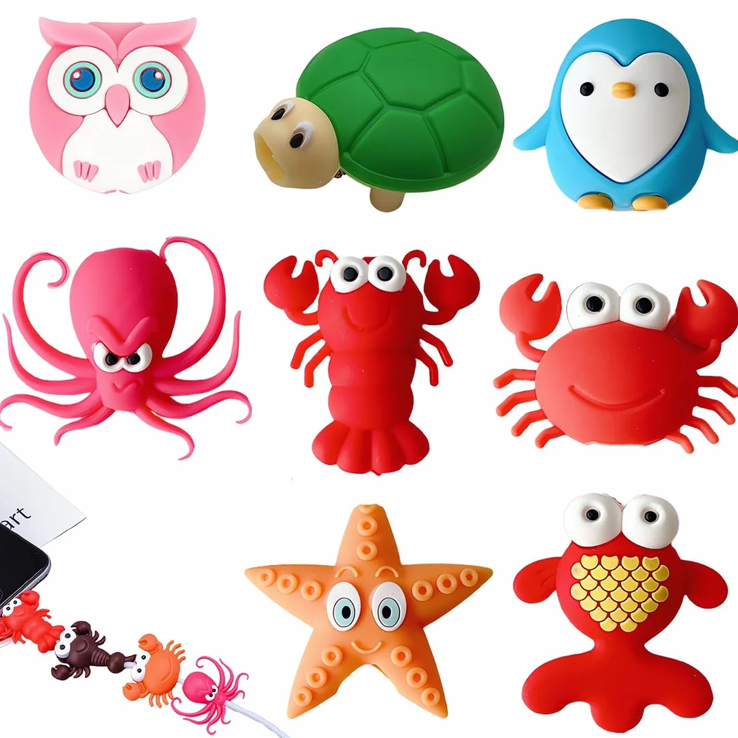 Set di 8 Protezione Cavo USB, Adorabili Animali Marini in Plastica, Accessori Telefono
