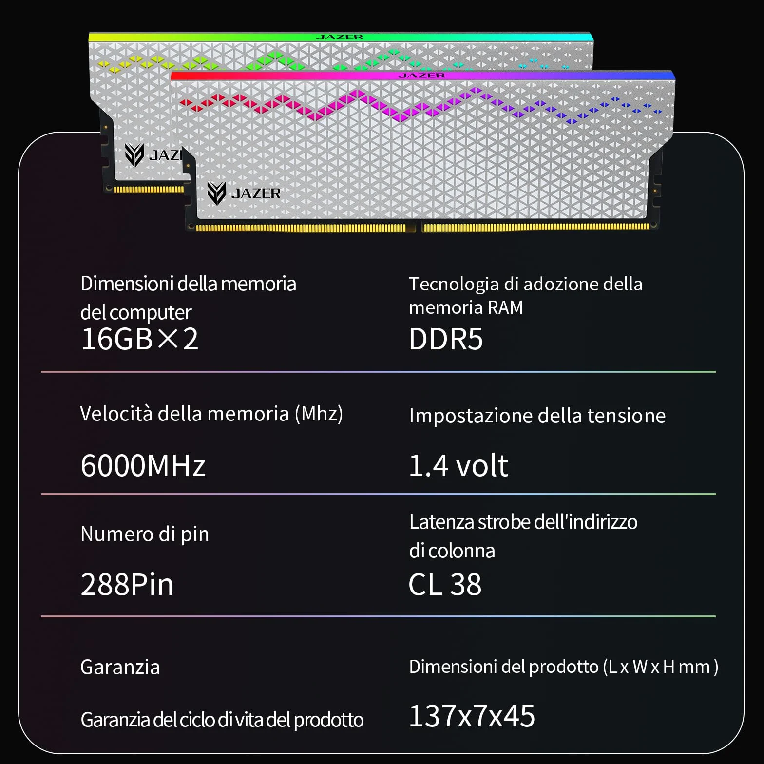 JAZER RGB RAM DDR5 32GB Kit (2x16GB) 6000MHz CL36, Memoria Desktop PC UDIMM DRAM 288-Pin, Memoria Computer da gioco DDR5 ad alte Prestazioni Supporto Intel XMP 3.0/AMD EXPO, AI, CL36-40-40-96, 1.35V