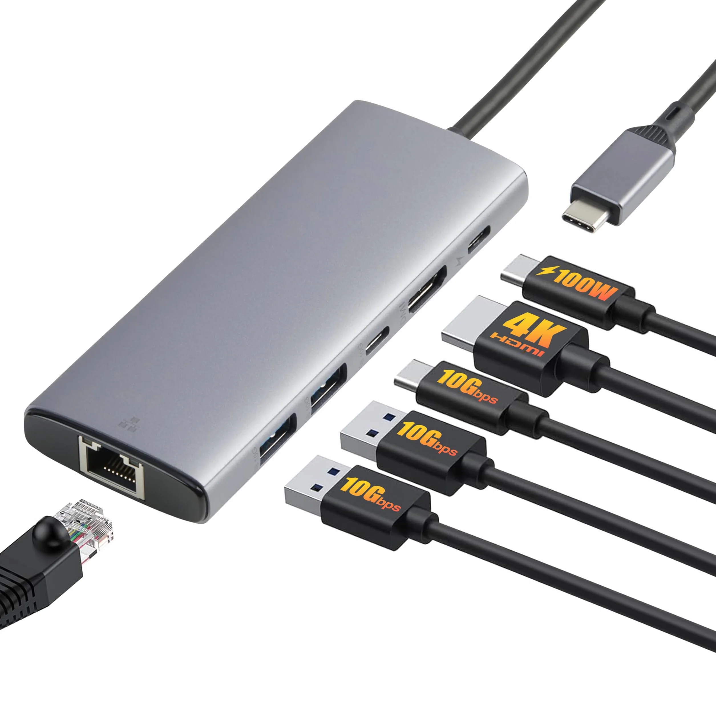 Amazon Basics 6-in-1 USB-C 3.2 (10G) Hub, 1 USB-C 100W PD Input, 2 USB-A, 1 USB-C, HDMI 4K, Ethernet, Grigio Chiaro, 11.94 x 4.6 x 1.5cm