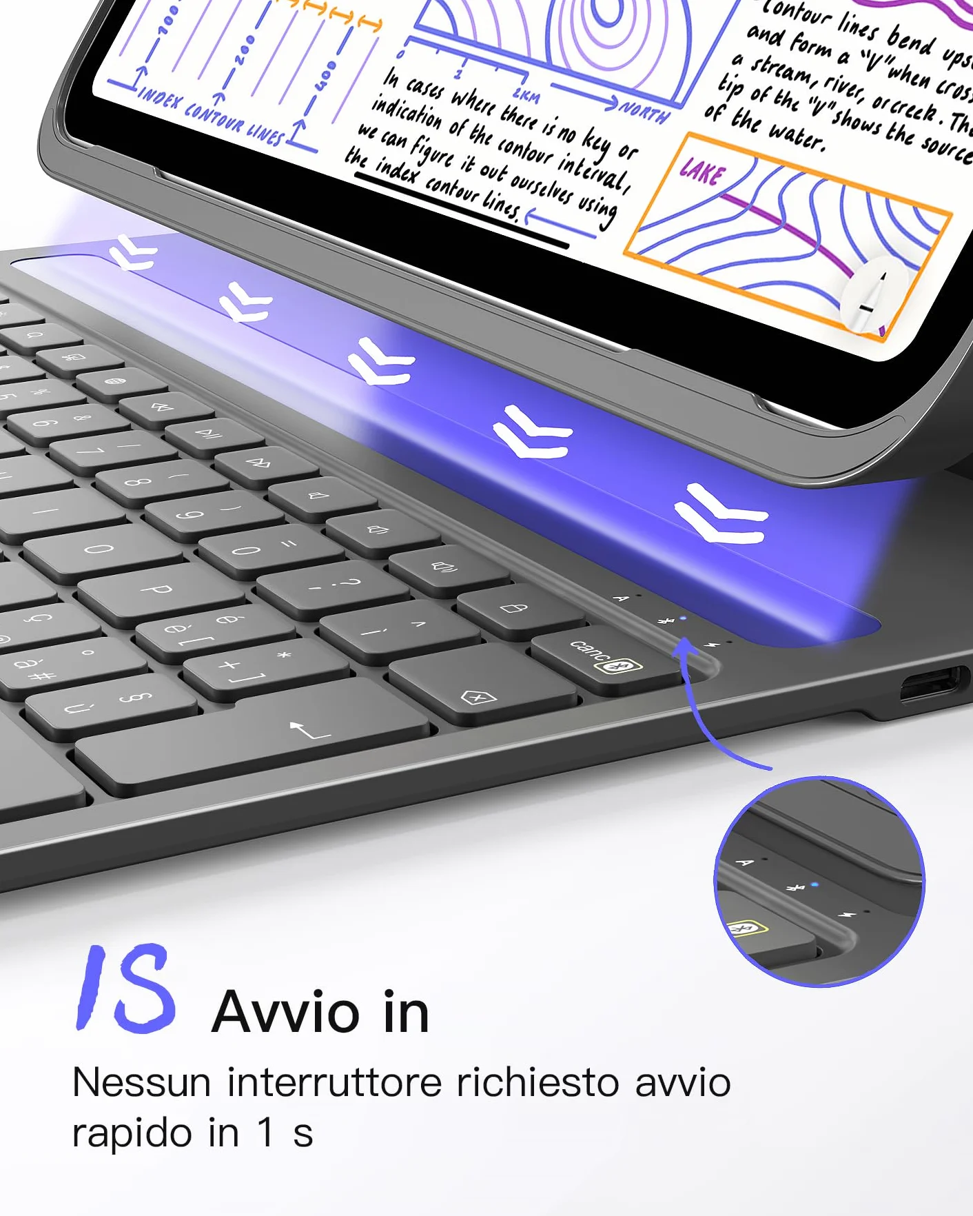 Inateck Air Tap Custodia con tastiera per iPad 10 gen, 11 gen A16 2025, Air 11 M4/M3/M2(2026/2025/2024), Air 5/4, Pro 11 (4/3/2/1), QWERTZ, tastiera ultra leggera con portapenne，BK2007 Grigio