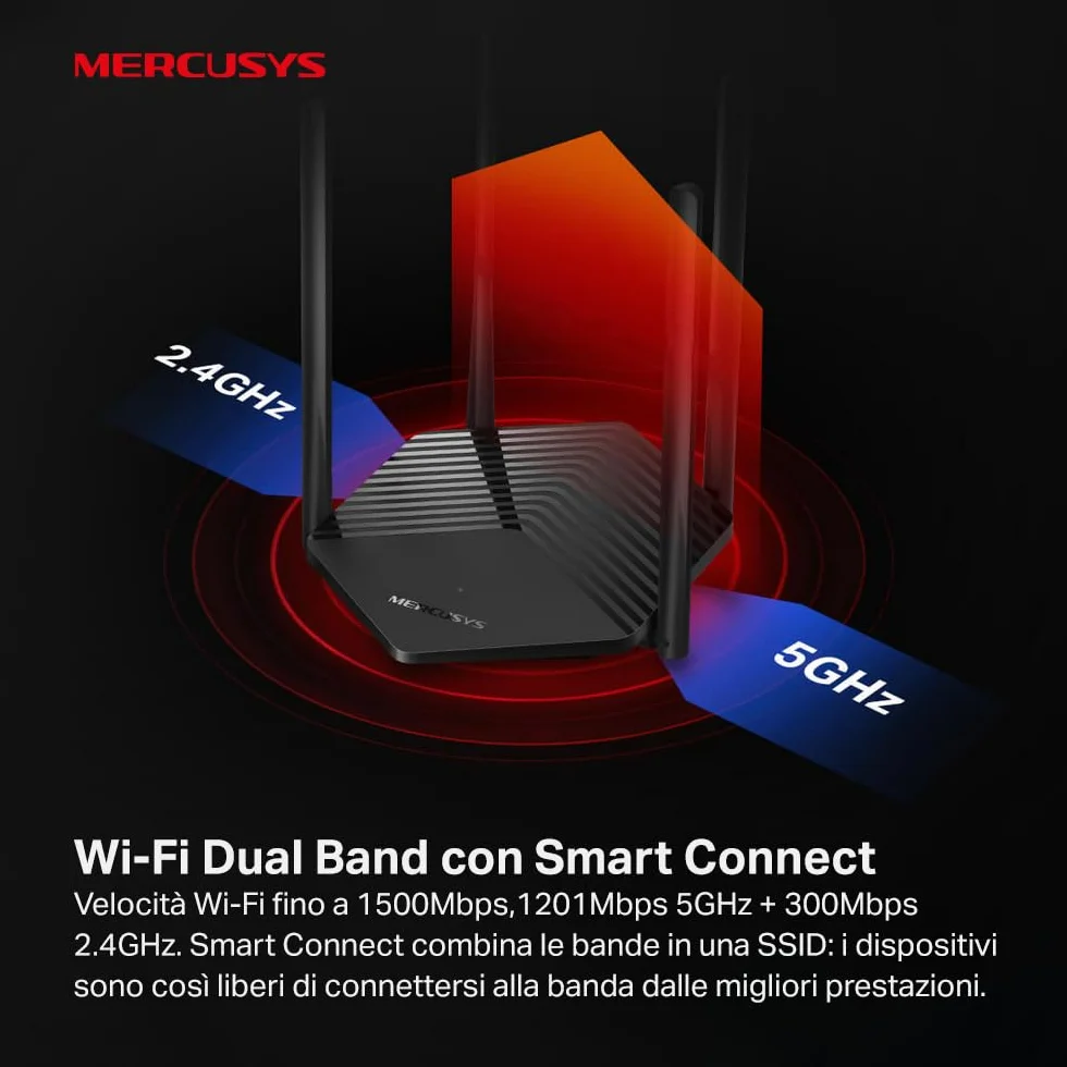 Mercusys TP-Link MR1500X AX1500 Router WiFi 6 Dual-Band, Porta Gigabit, 4 Antenne Ad Alto Guadagno, Parental Control, Rete Ospiti, OFDMA, MU-MIMO, VPN,non supporta xDSL