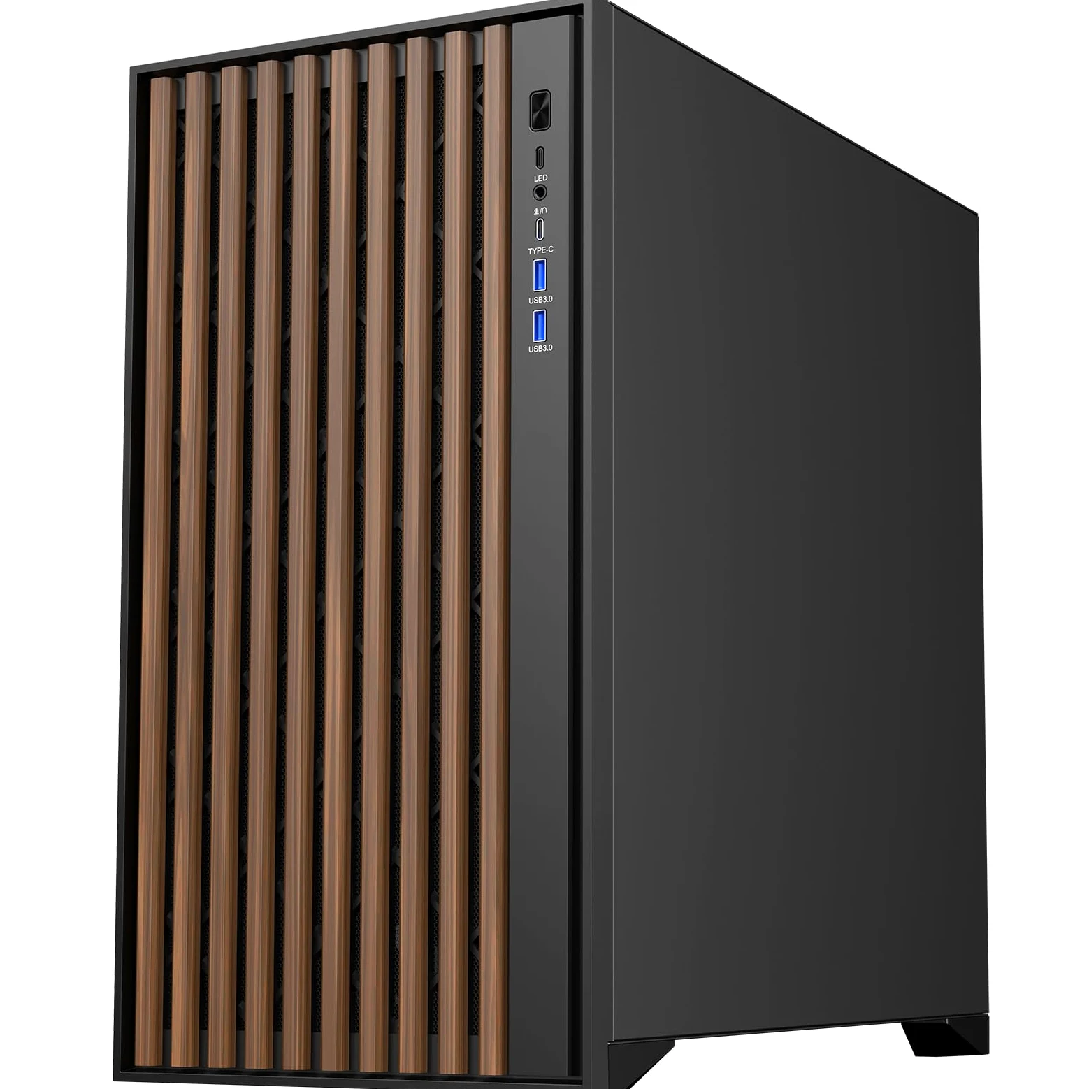 Itek case WOODY - Gaming Tower, ATX, 3x14cm Black fan, 2xUSB3, Type-C, Wood Front, Temp Glass Side Panel