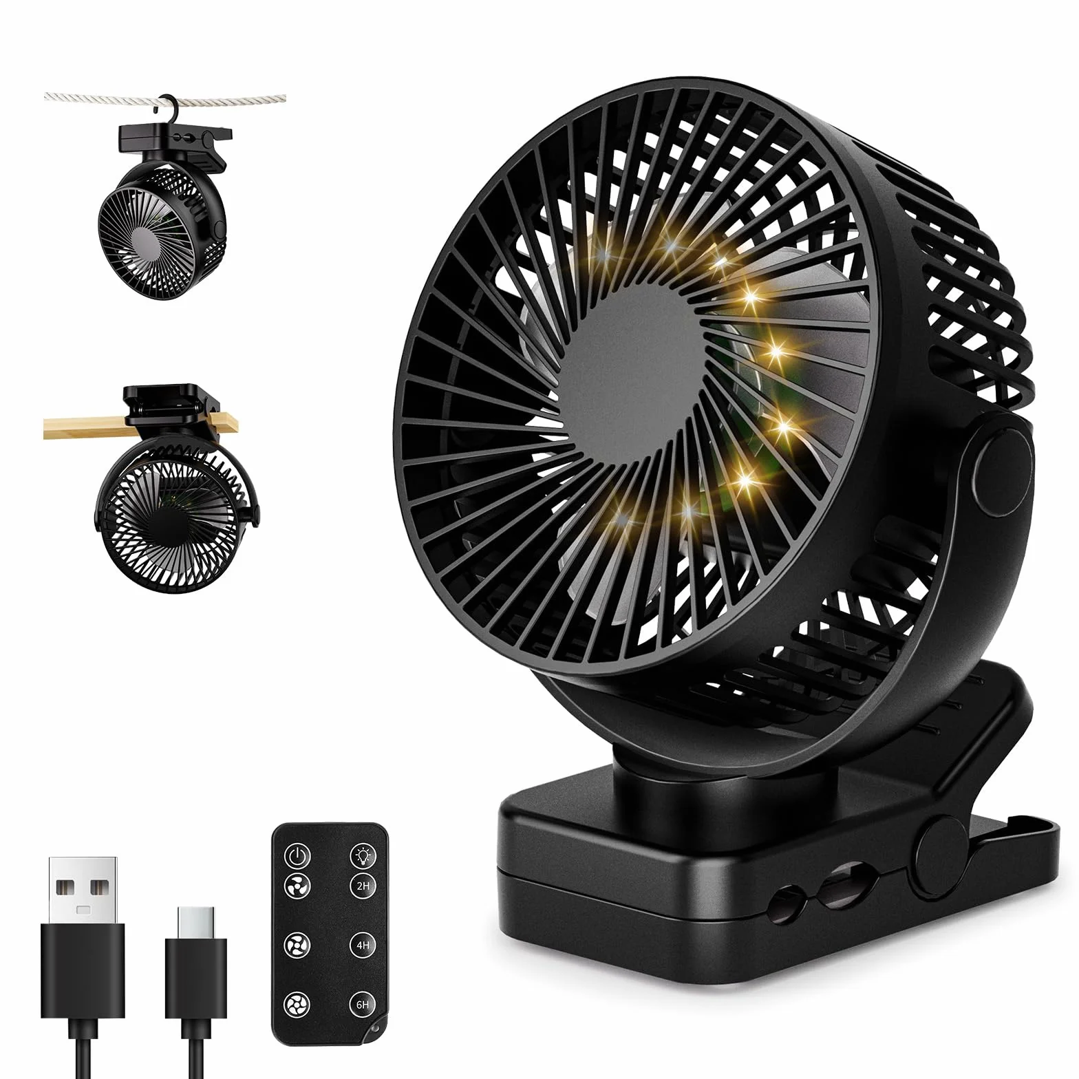 Ventilatore 4 in 1 a Pinza, Batteria 12000 mAh Ricaricabile USB, Portatile con Telecomando, Luce LED, 3 Velocità, Timer, Rotazione 360°, per Tavolo, Auto, Passeggino, Campeggio ed Esterno, Nero